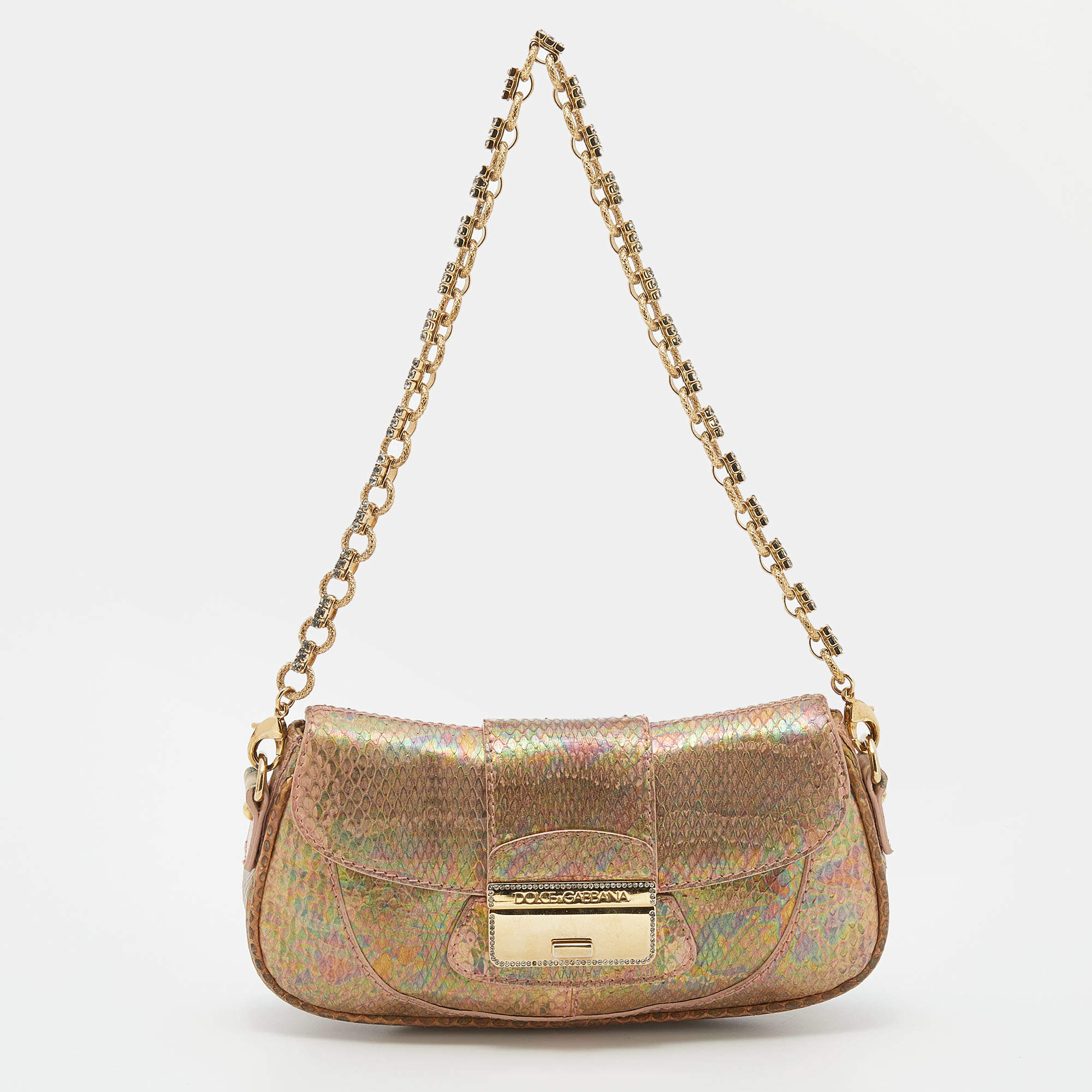 مملوكة مسبقًا Dolce & Gabbana Multicolor Holographic Snakeskin Flap Chain Clutch