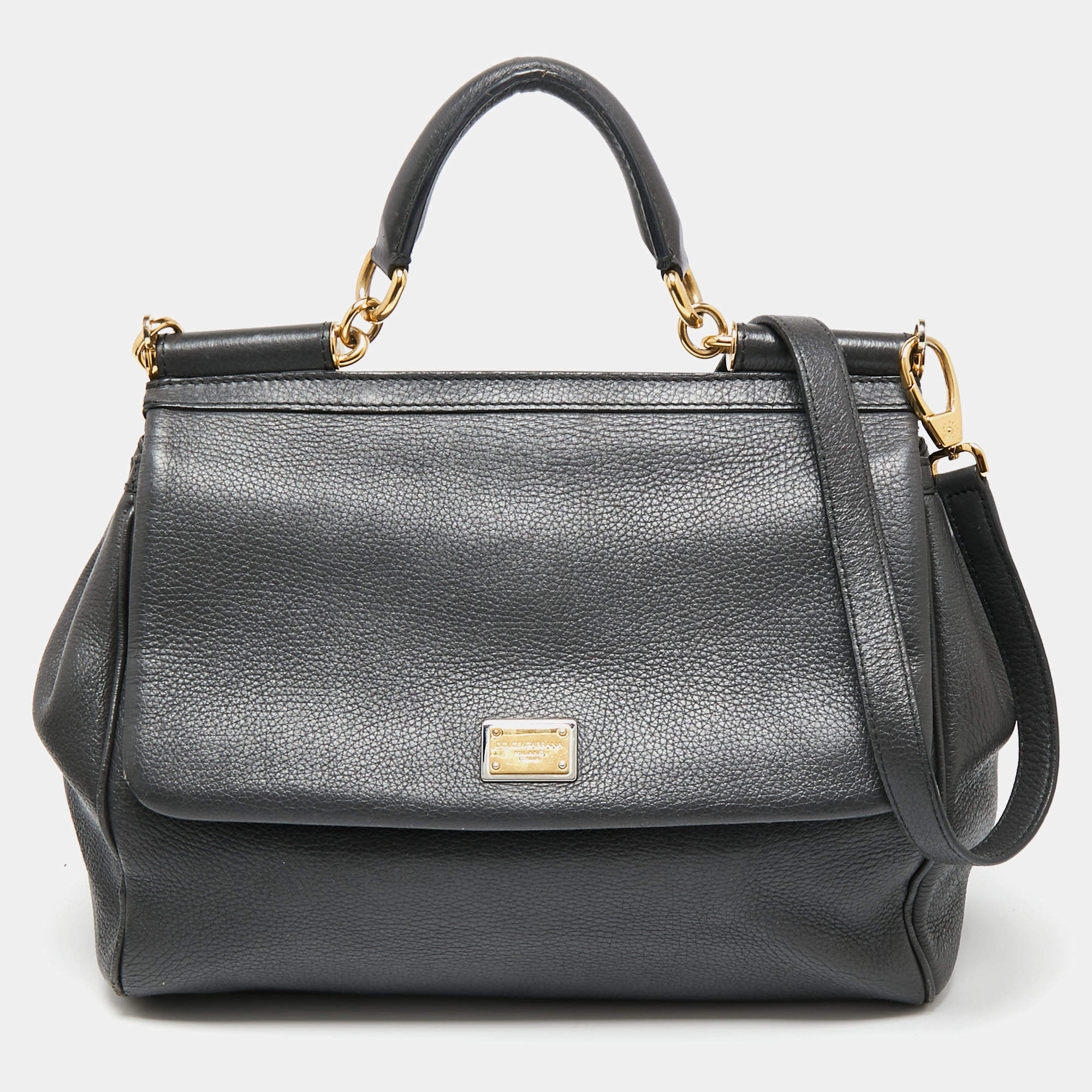 Pre Owned Dolce & Gabbana Grey Leather Large Miss Sicily Top Handle Bag