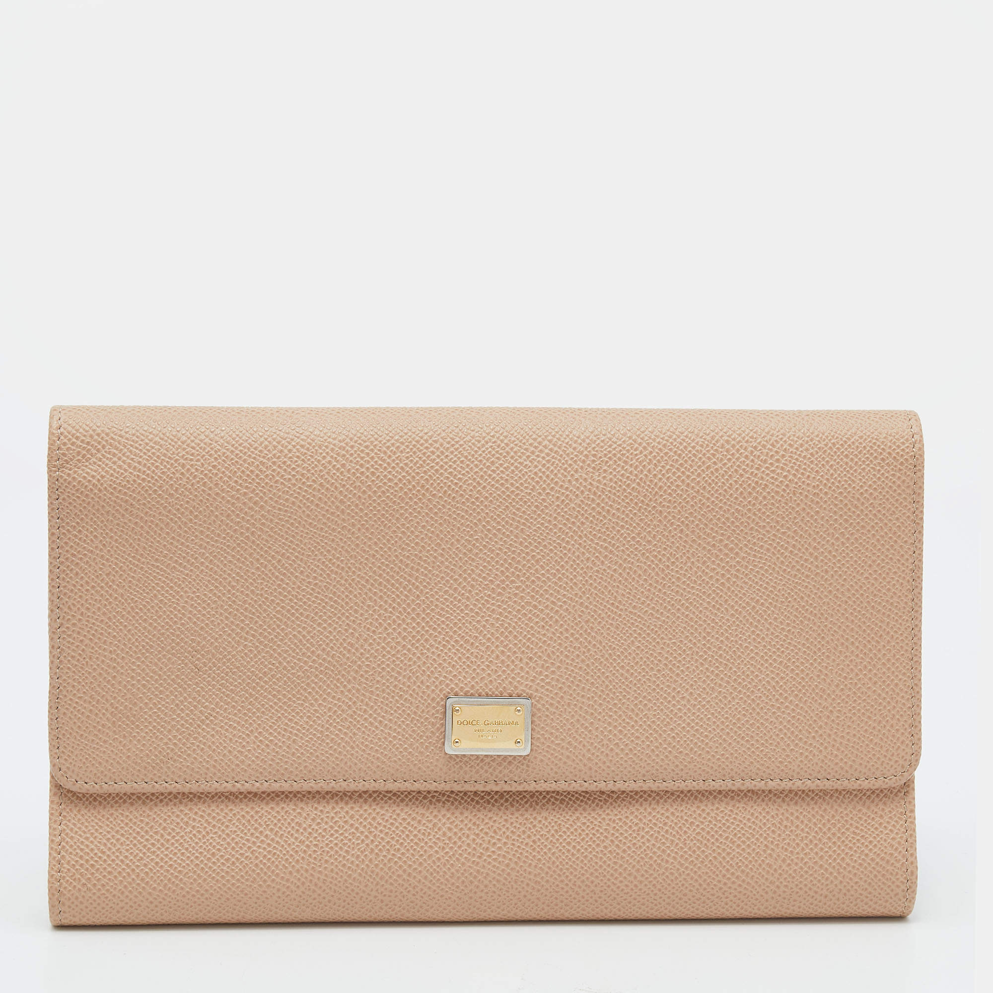 Pre Owned Dolce & Gabbana Beige Leather Long Trifold Wallet