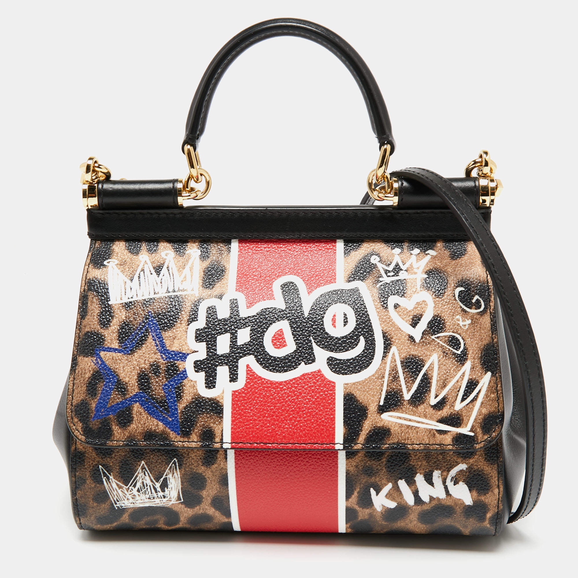 Pre Owned Dolce & Gabbana Multicolor Leopard Print Coated Canvas and Leather Small Graffiti Sicily Top Handle Bag