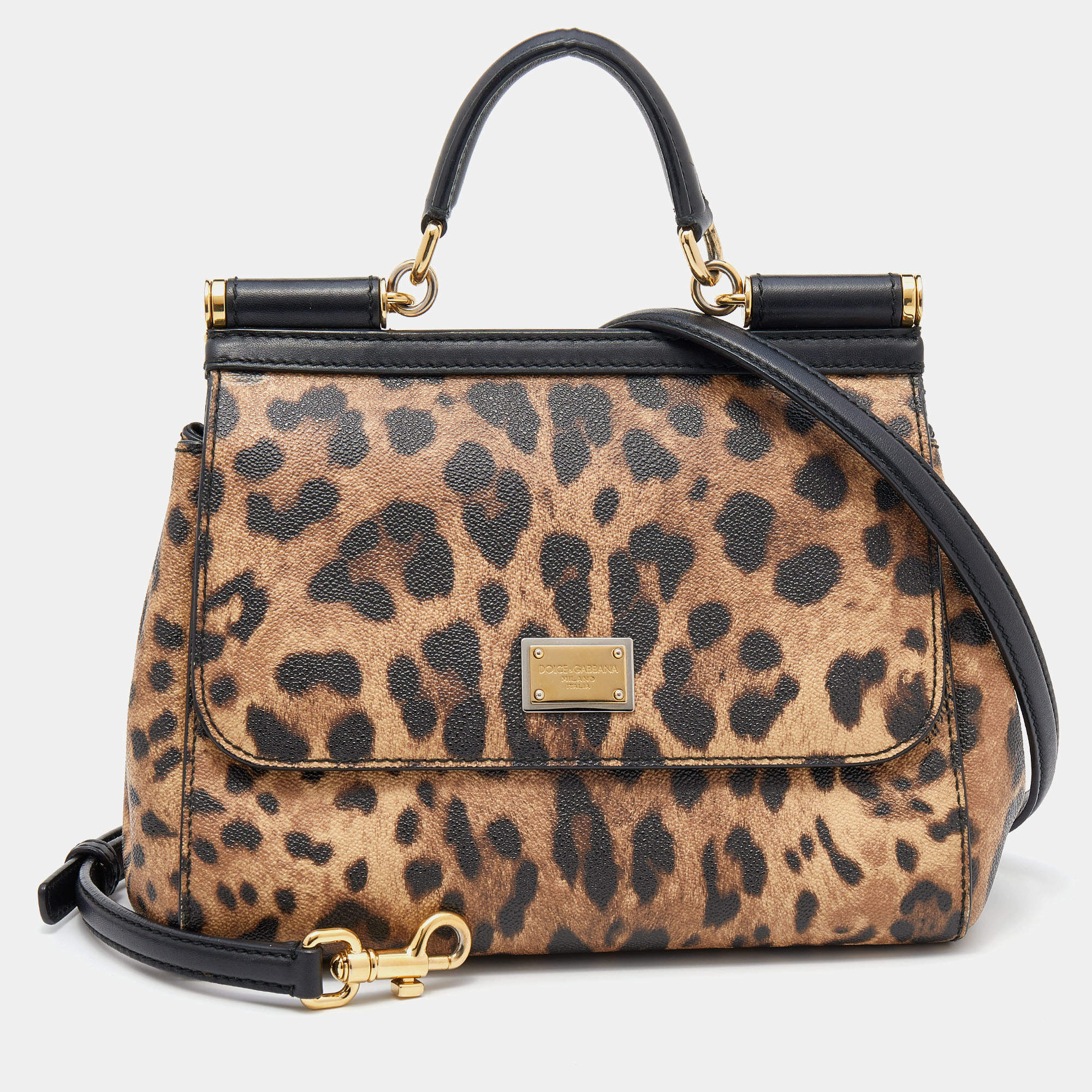 Pre Owned Dolce & Gabbana Black/Beige Leopard Print Coated Canvas And Leather Medium Sicily Top Handle Bag