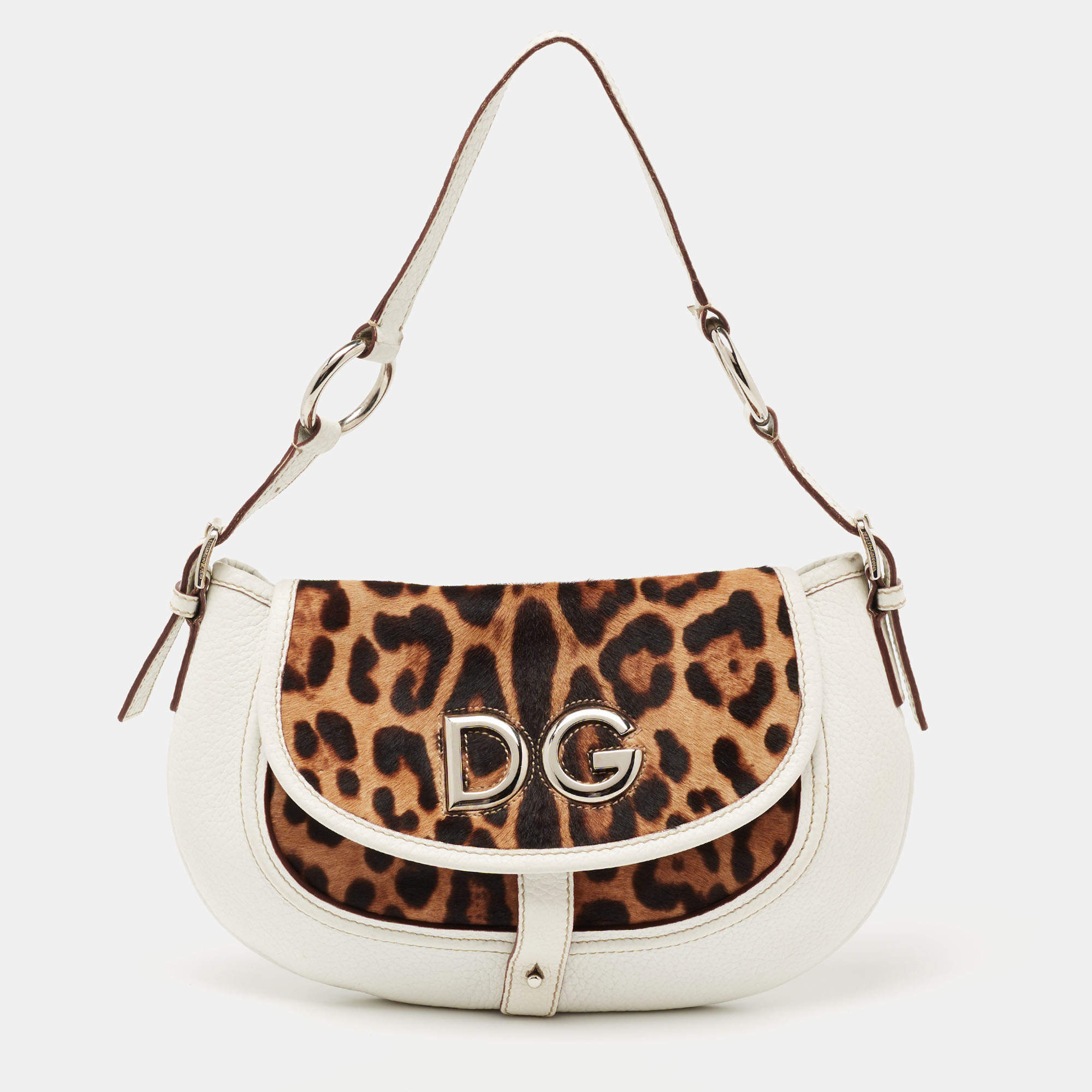 Pre Owned Dolce & Gabbana White/Brown Leopard Print Calf Hair and Leather Hobo