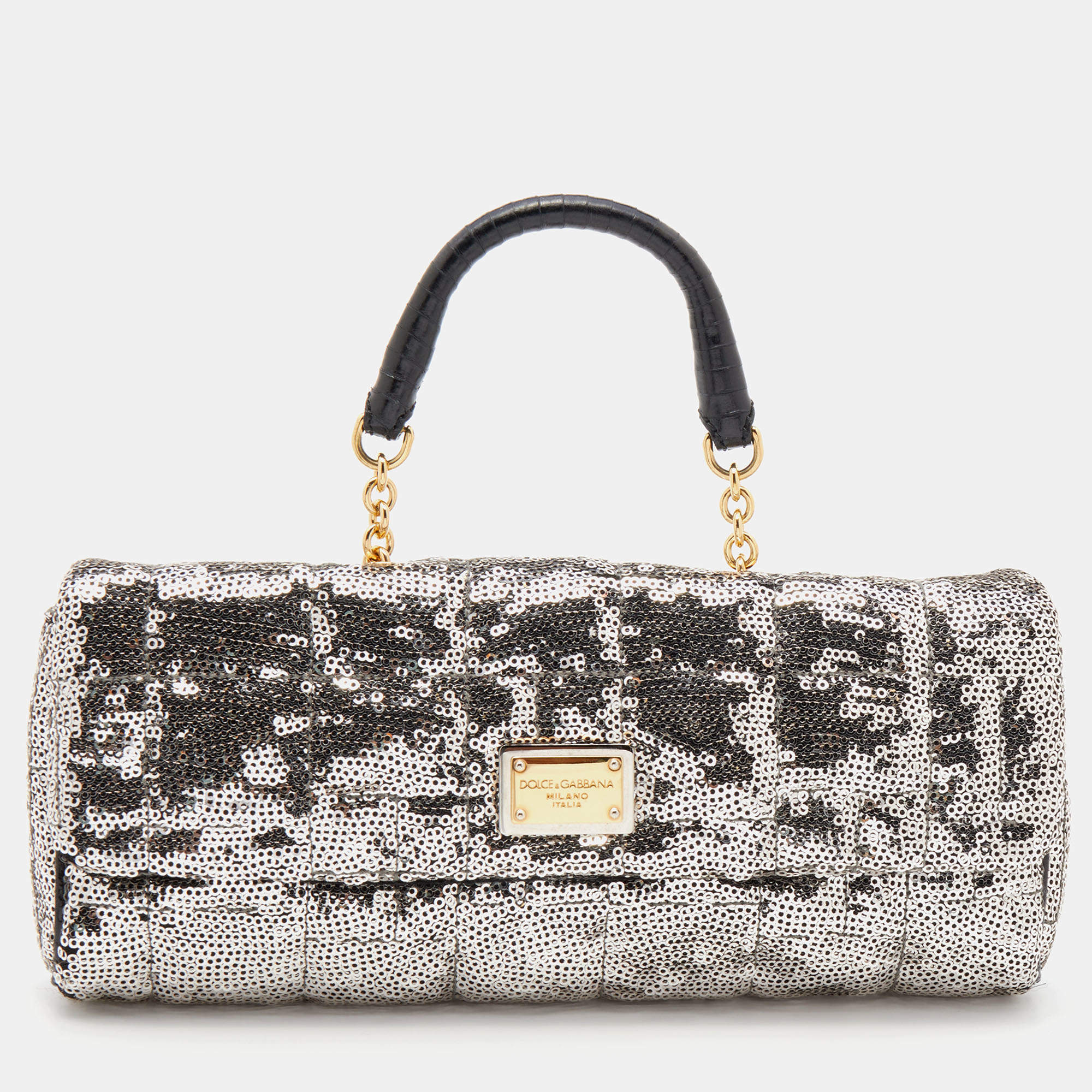 Pre Owned Dolce & Gabbana Silver/Black Sequin and Python Embossed Leather Clutch