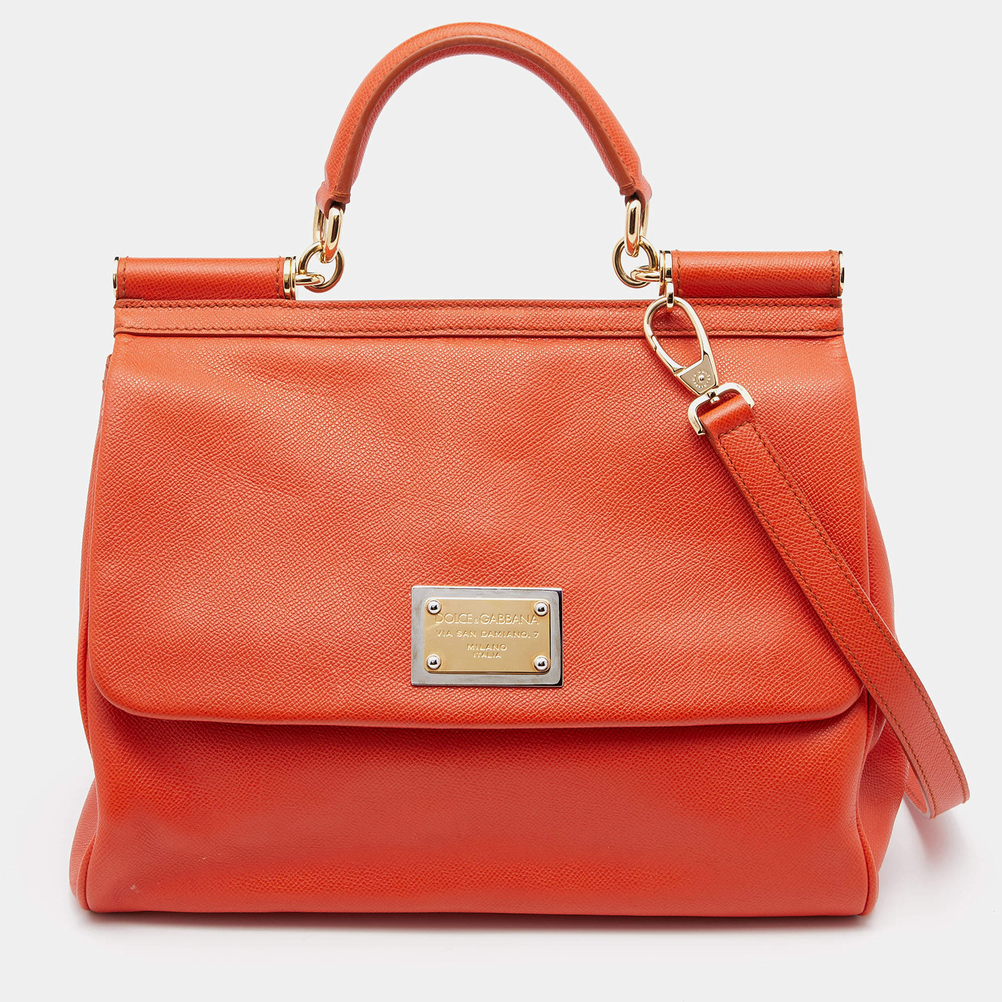 Pre Owned Dolce & Gabbana Orange Leather  Miss Sicily Top Handle Bag