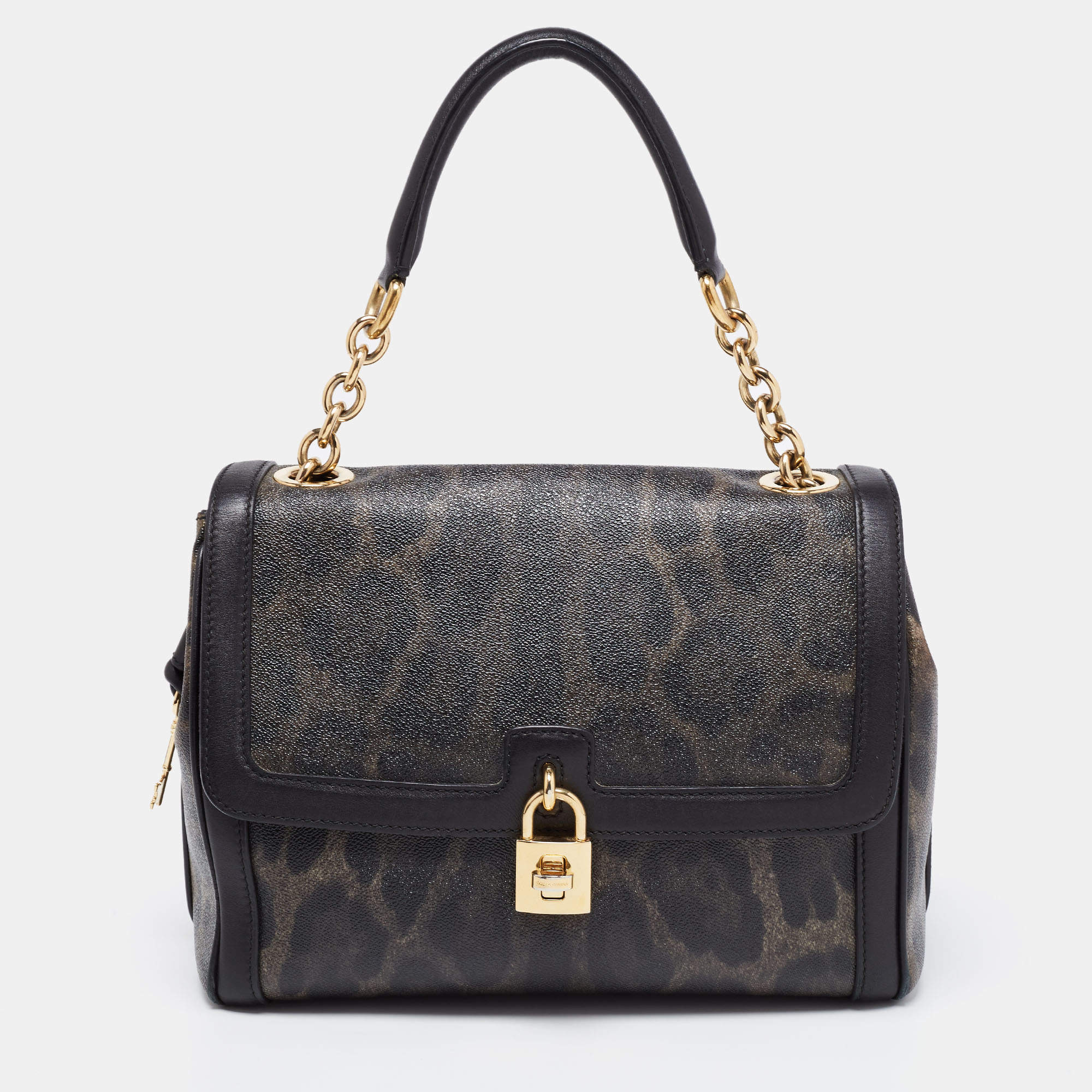 Pre Owned Dolce & Gabbana Black Leopard Print Coated Canvas and Leather Padlock Top Handle Bag