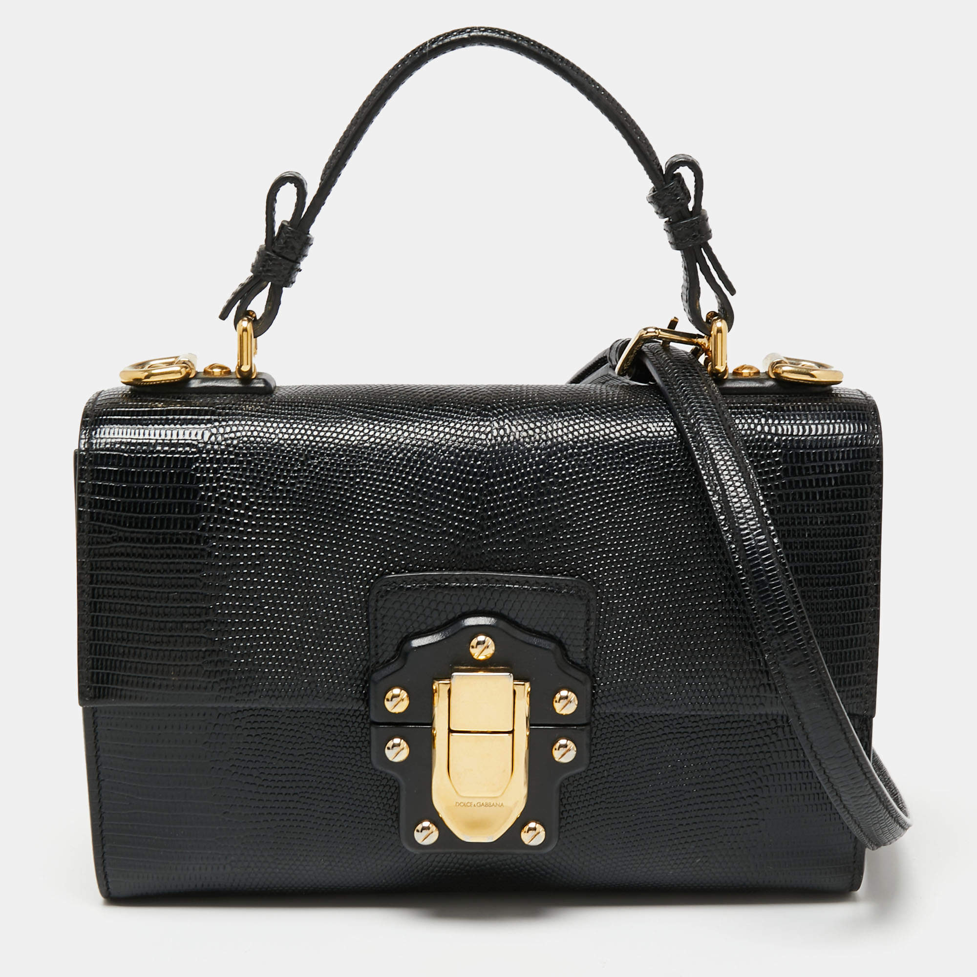 Pre Owned Dolce & Gabbana Black Iguana Embossed Leather Lucia Top Handle Bag