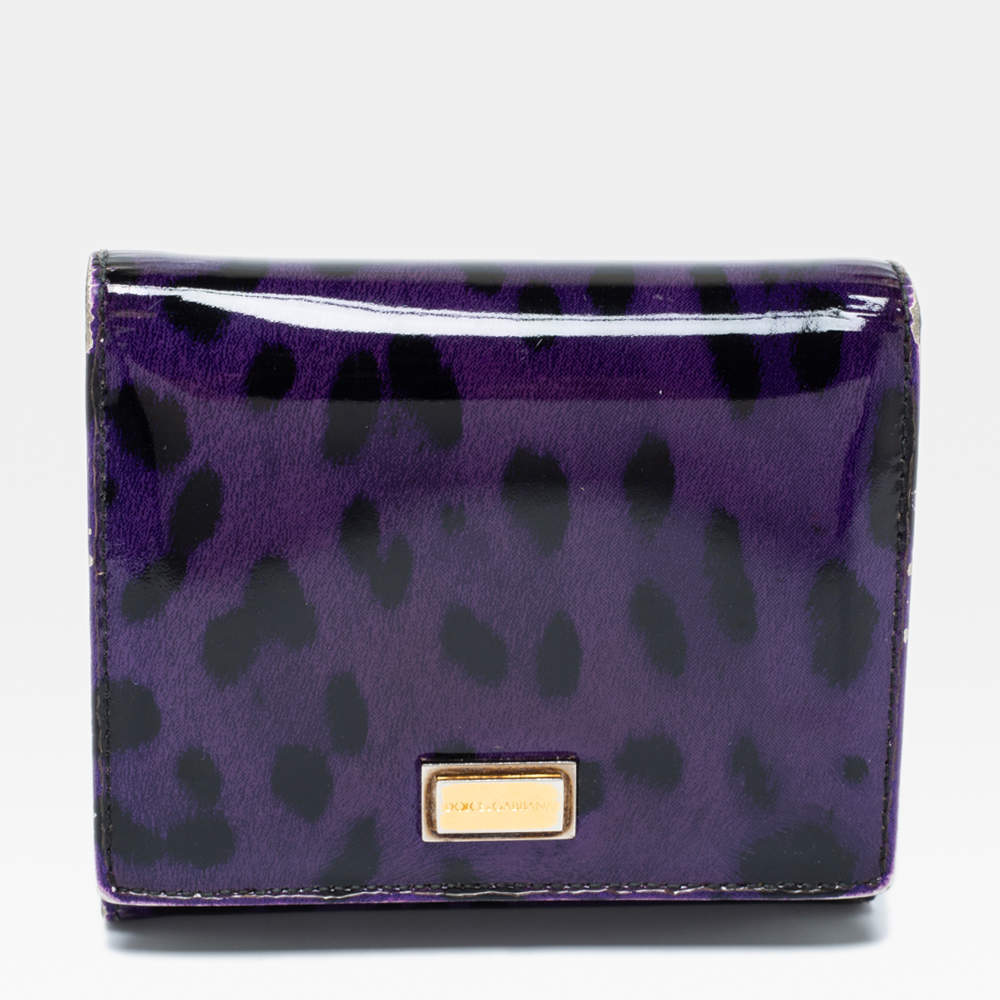 Dolce And Gabbana Purple Leopard Print Patent Leather Trifold Wallet