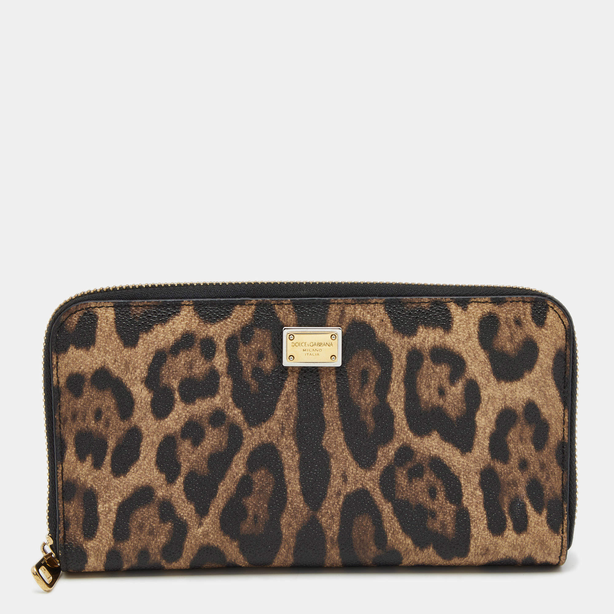 Pre Owned Dolce & Gabbana Beige/Brown Leopard Print Coated Canvas Zip Around Wallet
