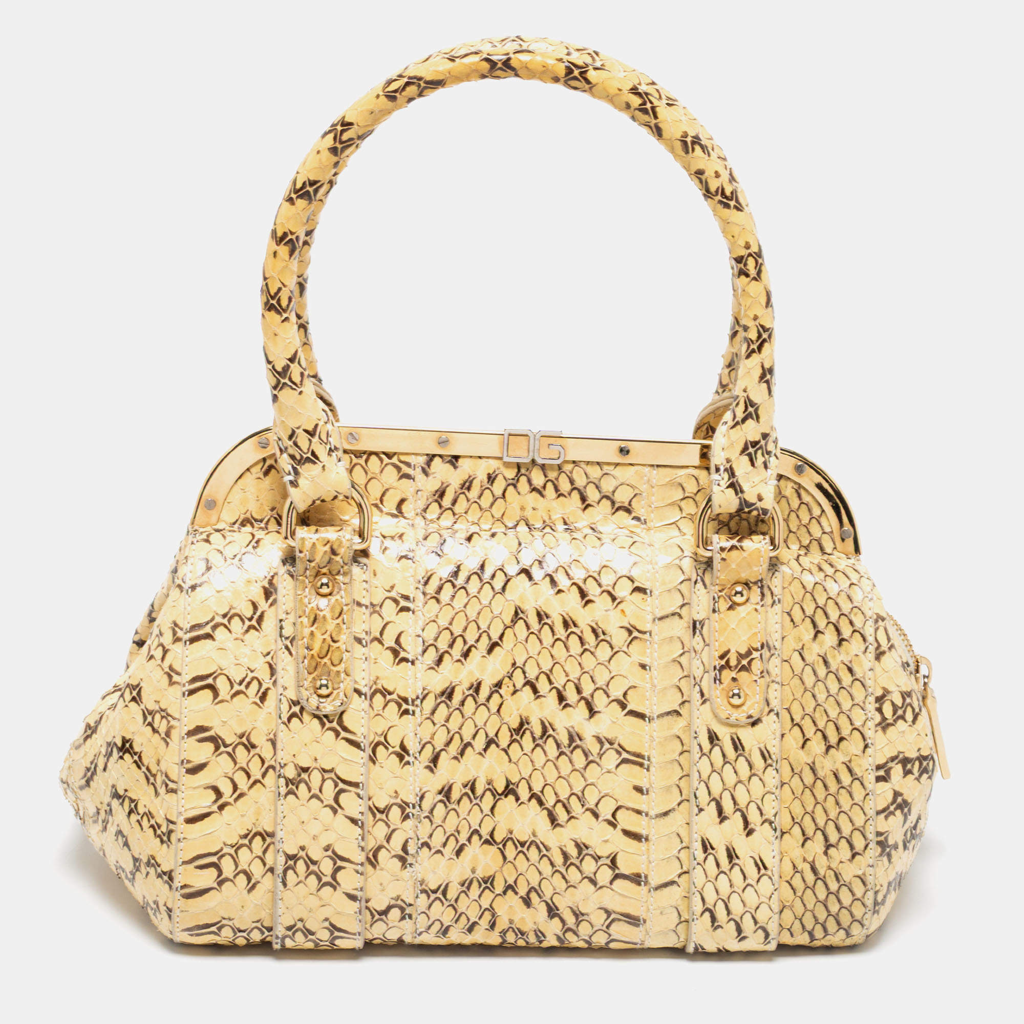 Pre Owned Dolce & Gabbana Cream Watersnake Leather Frame Satchel