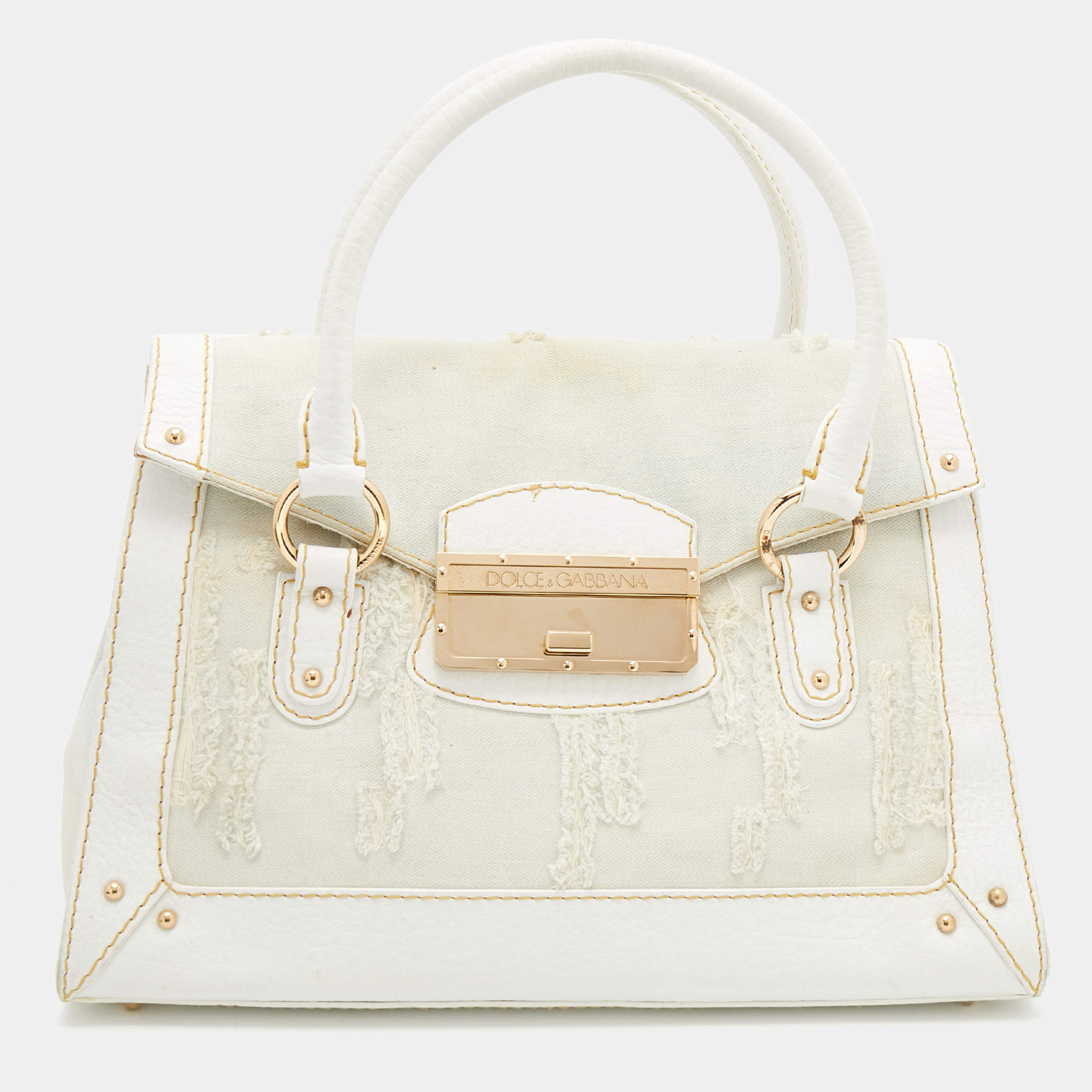 Pre Owned Dolce & Gabbana White Denim And Leather Flap Satchel