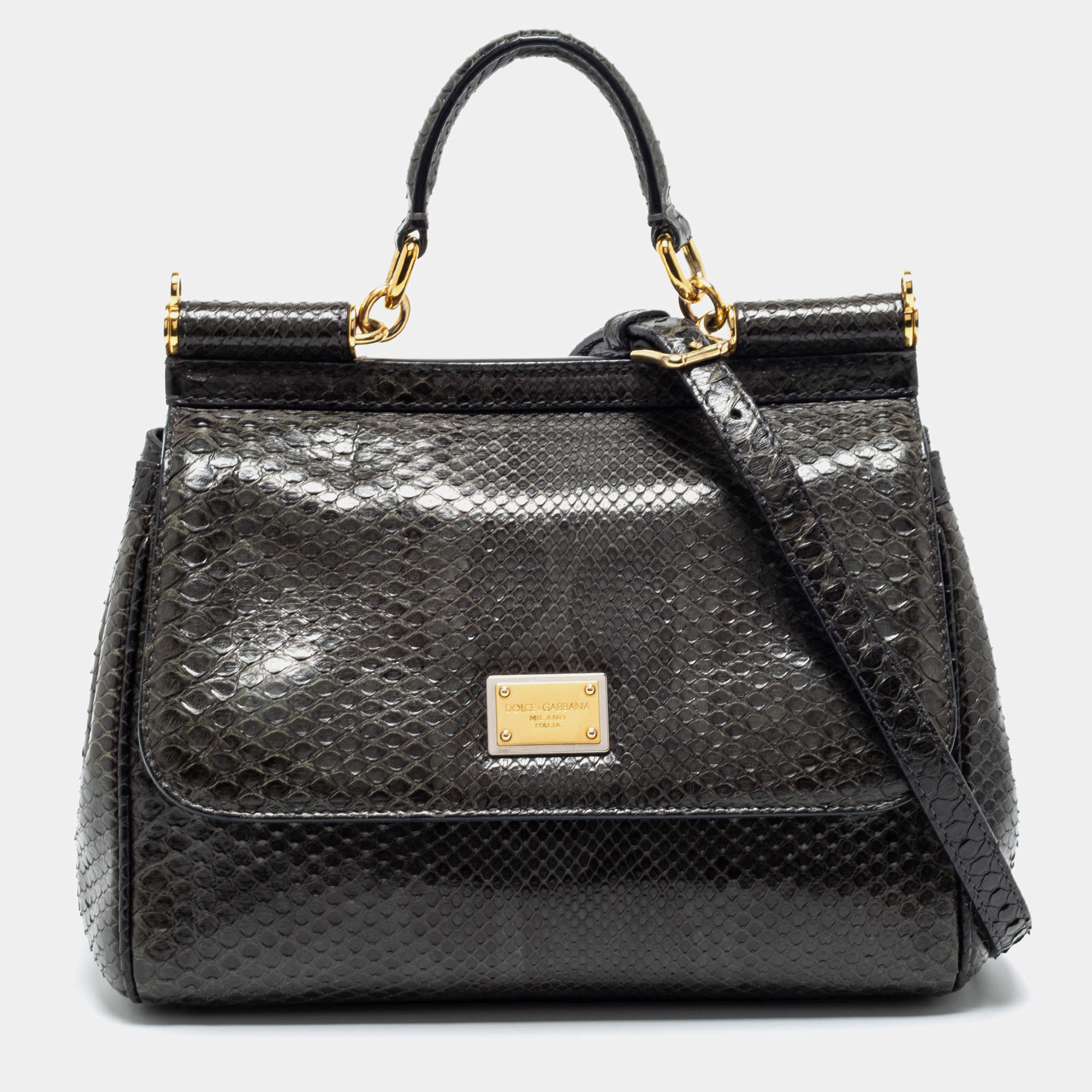 Pre Owned Dolce & Gabbana Deep Green Python Medium Miss Sicily Top Handle Bag