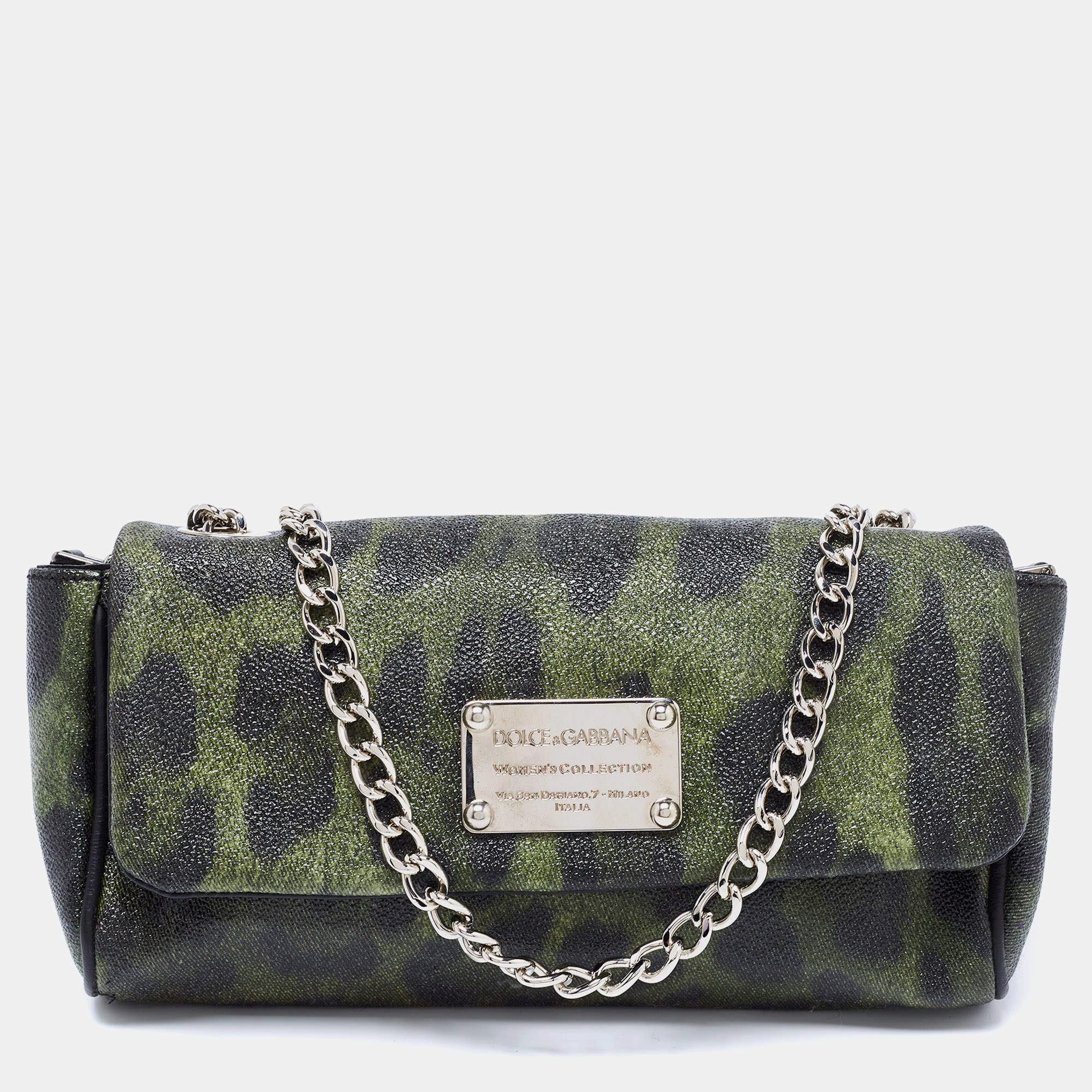 مملوكة مسبقًا Dolce & Gabbana Green Leopard Print Coated Canvas and Leather Flap Chain Shoulder Bag