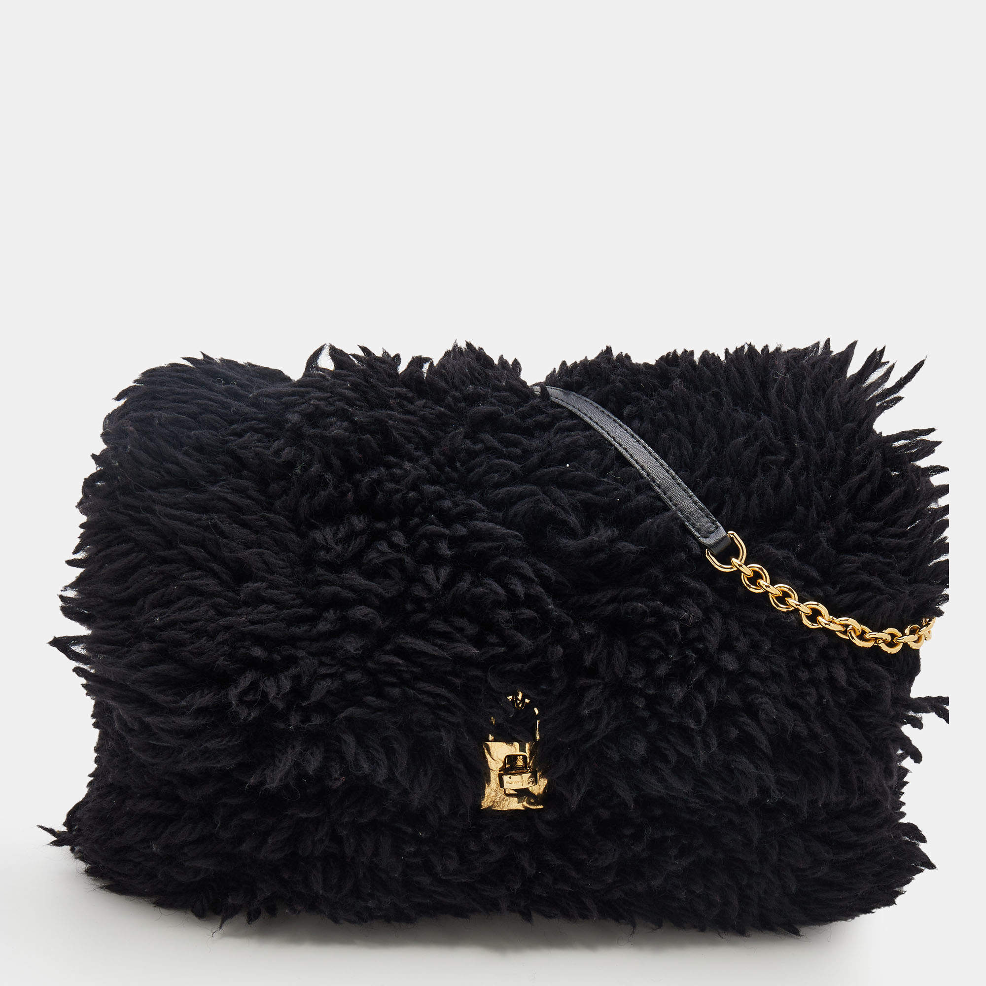 Pre Owned Dolce & Gabbana Black Wool Chain Flap Shoulder Bag