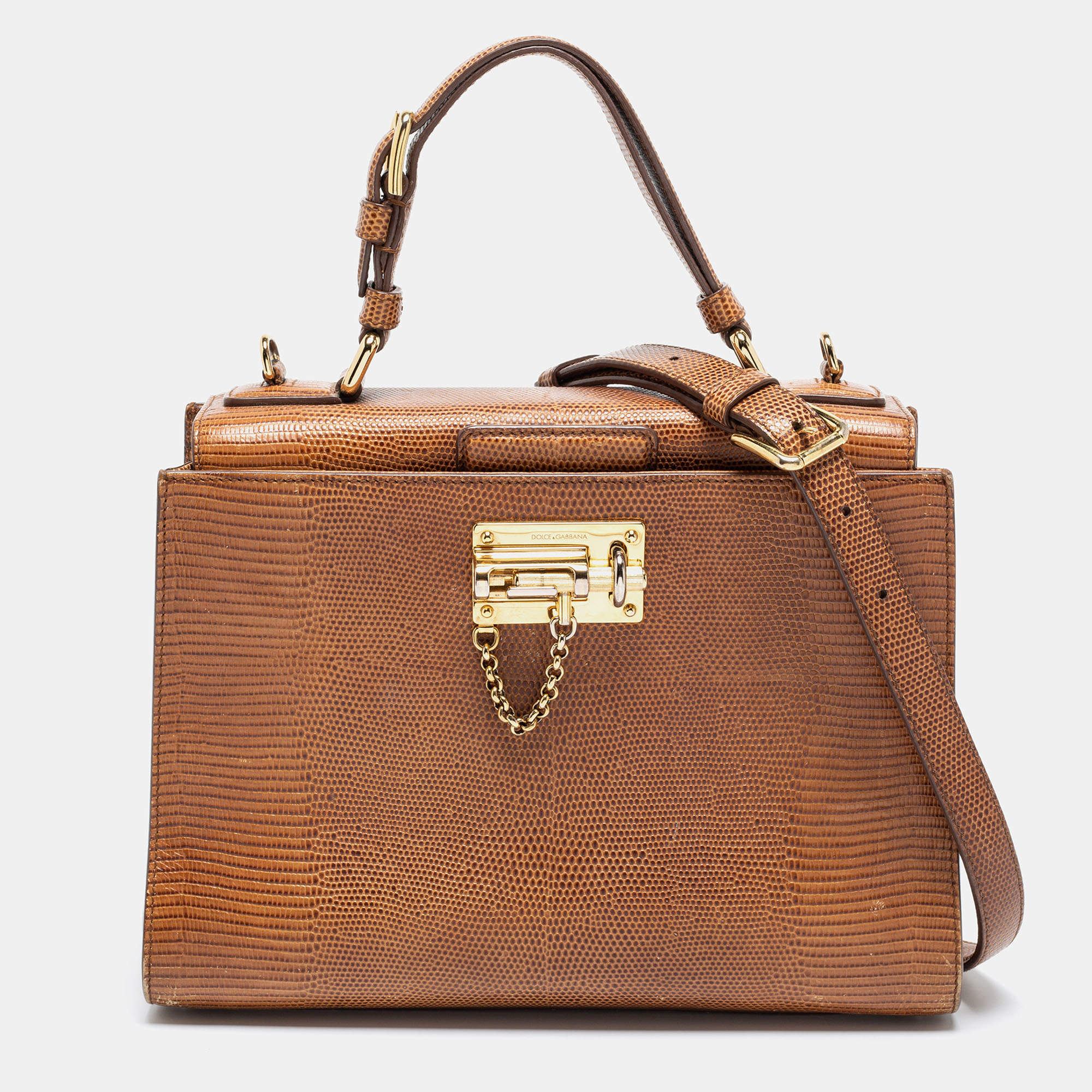 Pre Owned Dolce & Gabbana Brown Lizard Embossed Leather Miss Monica Top Handle Bag