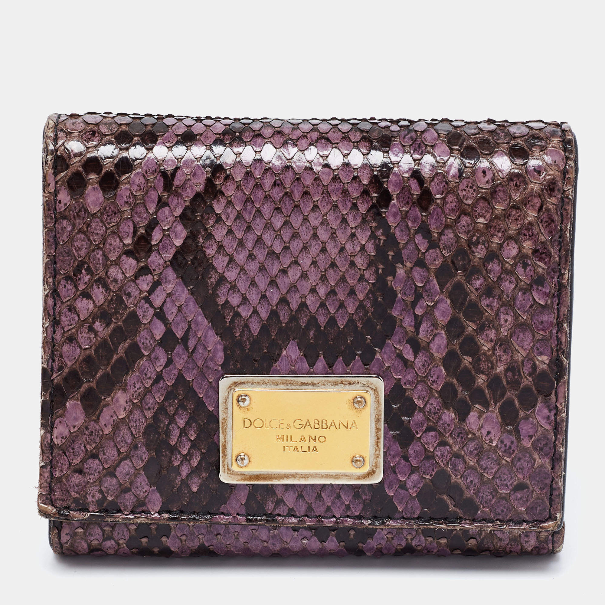 Pre Owned Dolce & Gabbana Purple/Black Snakeskin Leather Trifold Wallet