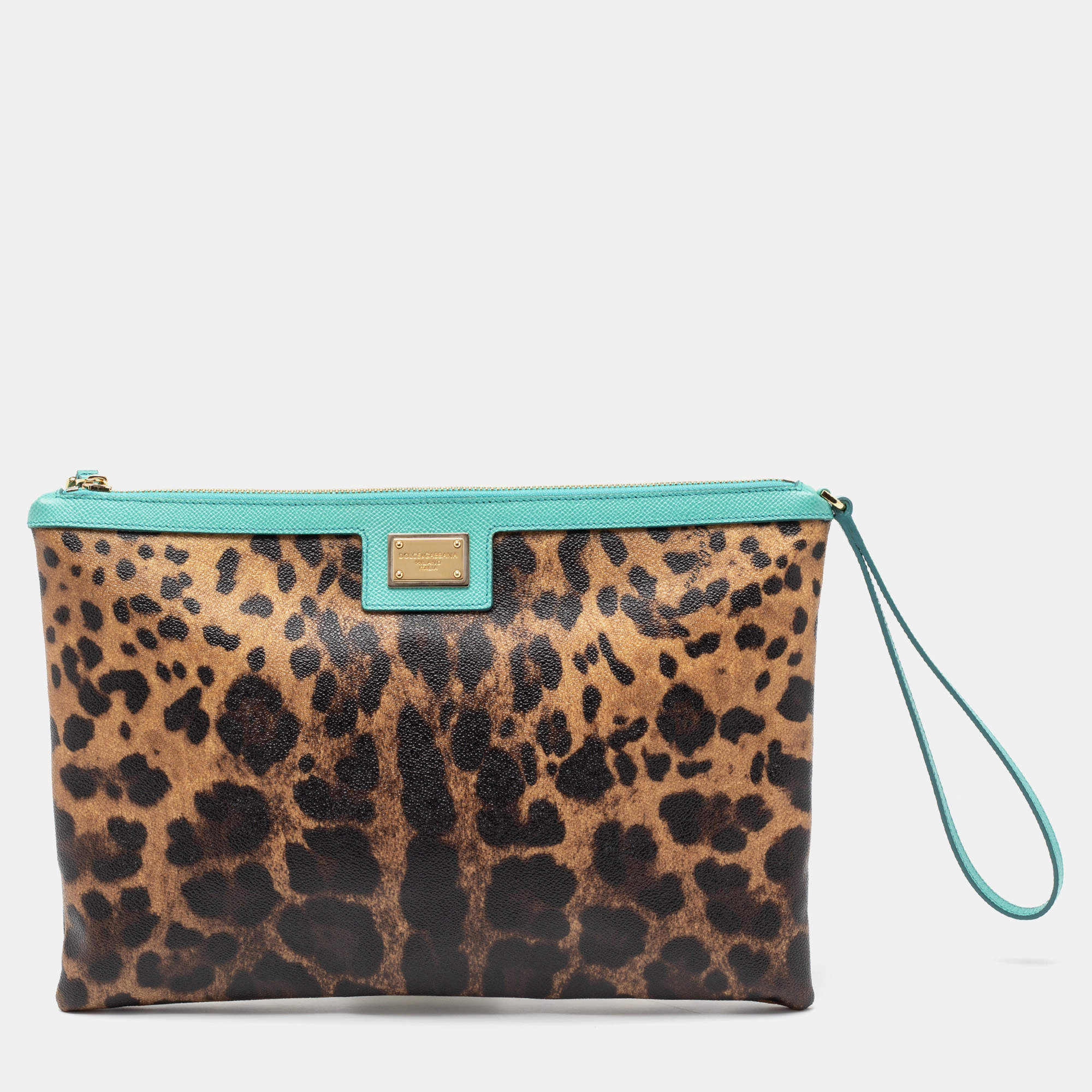 Pre Owned Dolce & Gabbana Brown/Turquoise Leopard Print Coated Canvas and Leather Wristlet Clutch