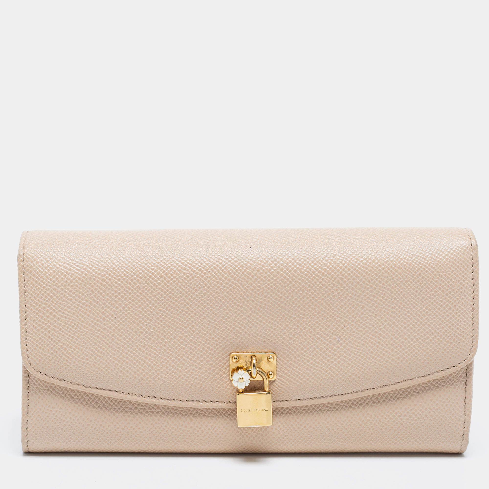 Pre Owned Dolce & Gabbana Beige Leather Padlock Flap Continental Wallet