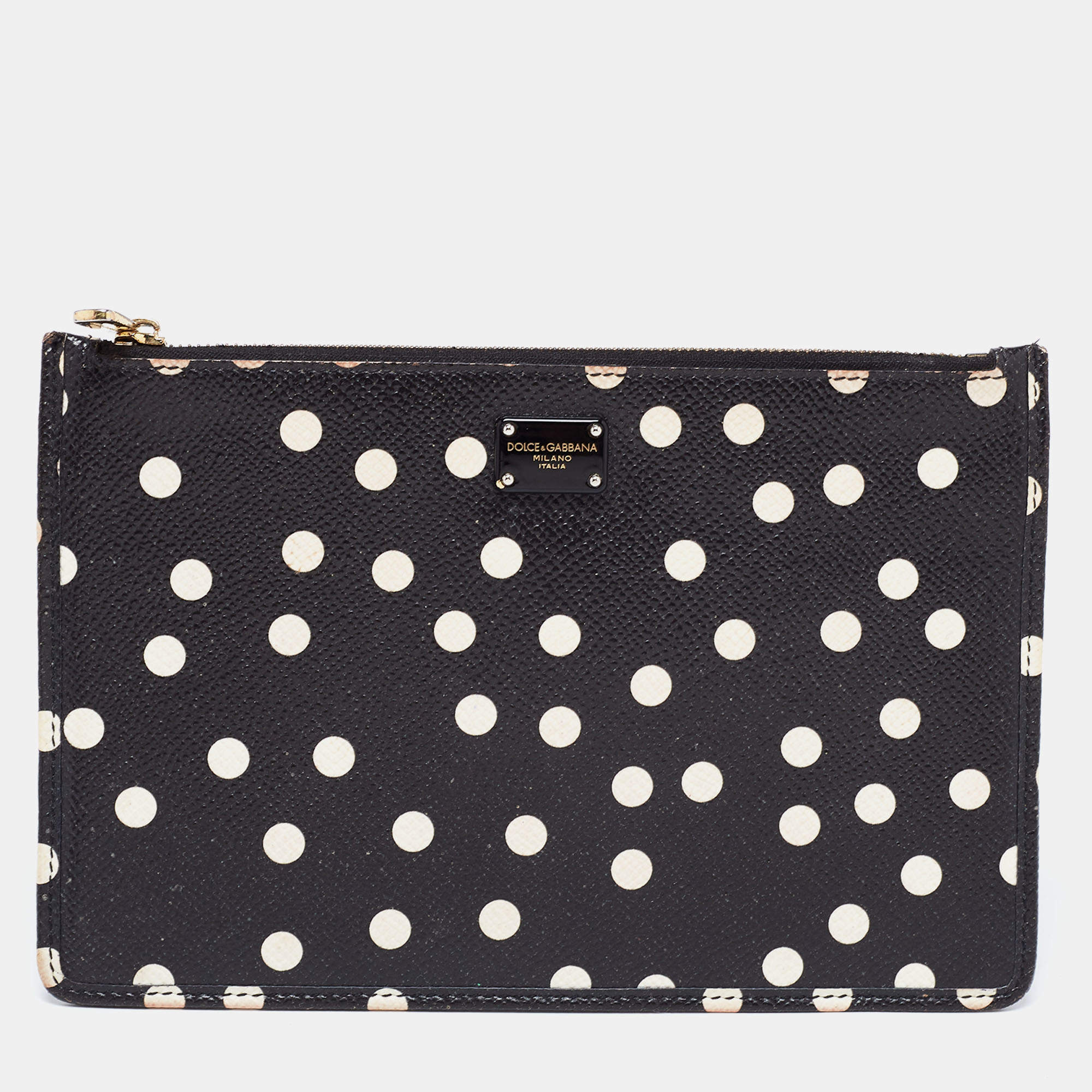 Pre Owned Dolce & Gabbana Black/White Polka Dot Print Leather 10CC Pouch