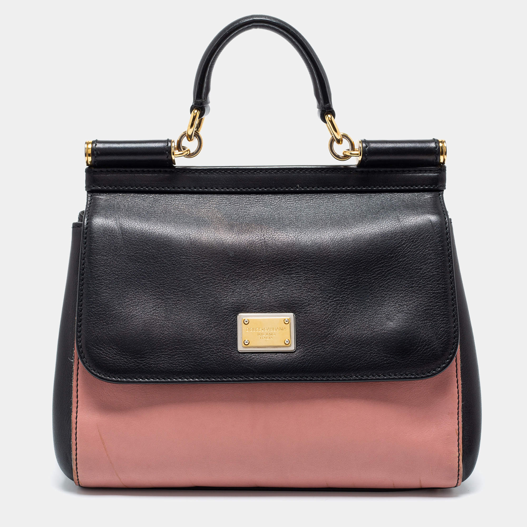 Pre Owned Dolce & Gabbana Black/Pink Leather Medium Miss Sicily Top Handle Bag
