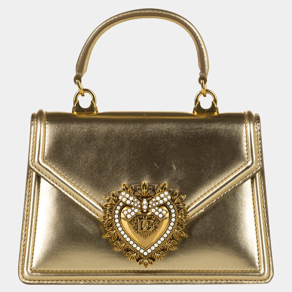 Pre Owned Dolce & Gabbana Gold Small Devotion Leather Satchel