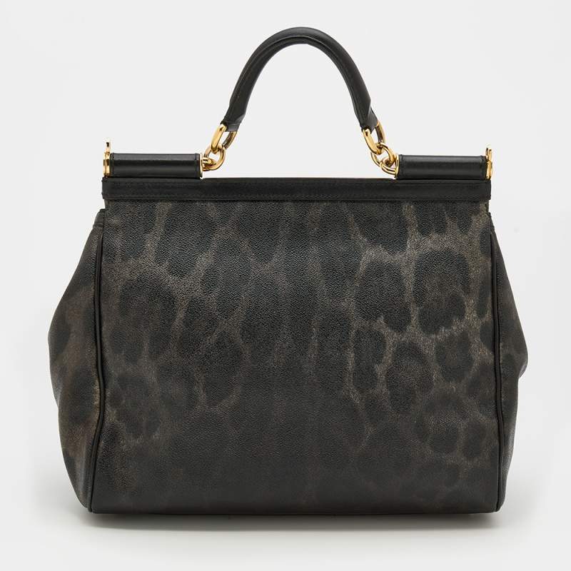 Dolce & Gabbana Grey/Black Leopard Print Coated Canvas And Leather Large  Miss Sicily Top Handle Bag Dolce & Gabbana