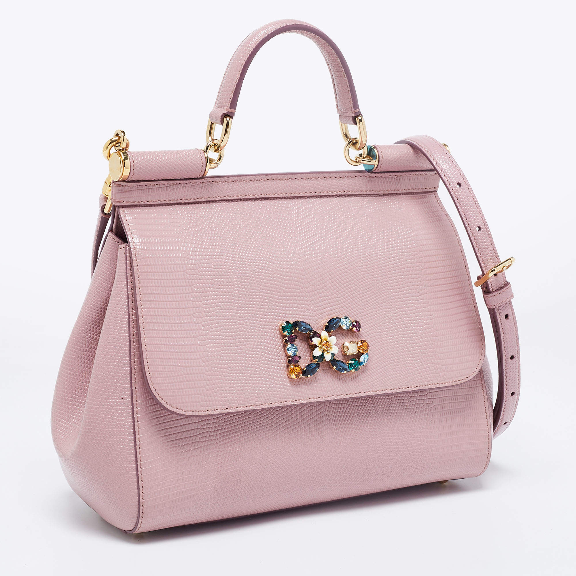 Dolce & Gabbana Pink Iguana Embossed Leather Crystal DG Logo Miss Sicily  Bag Dolce & Gabbana