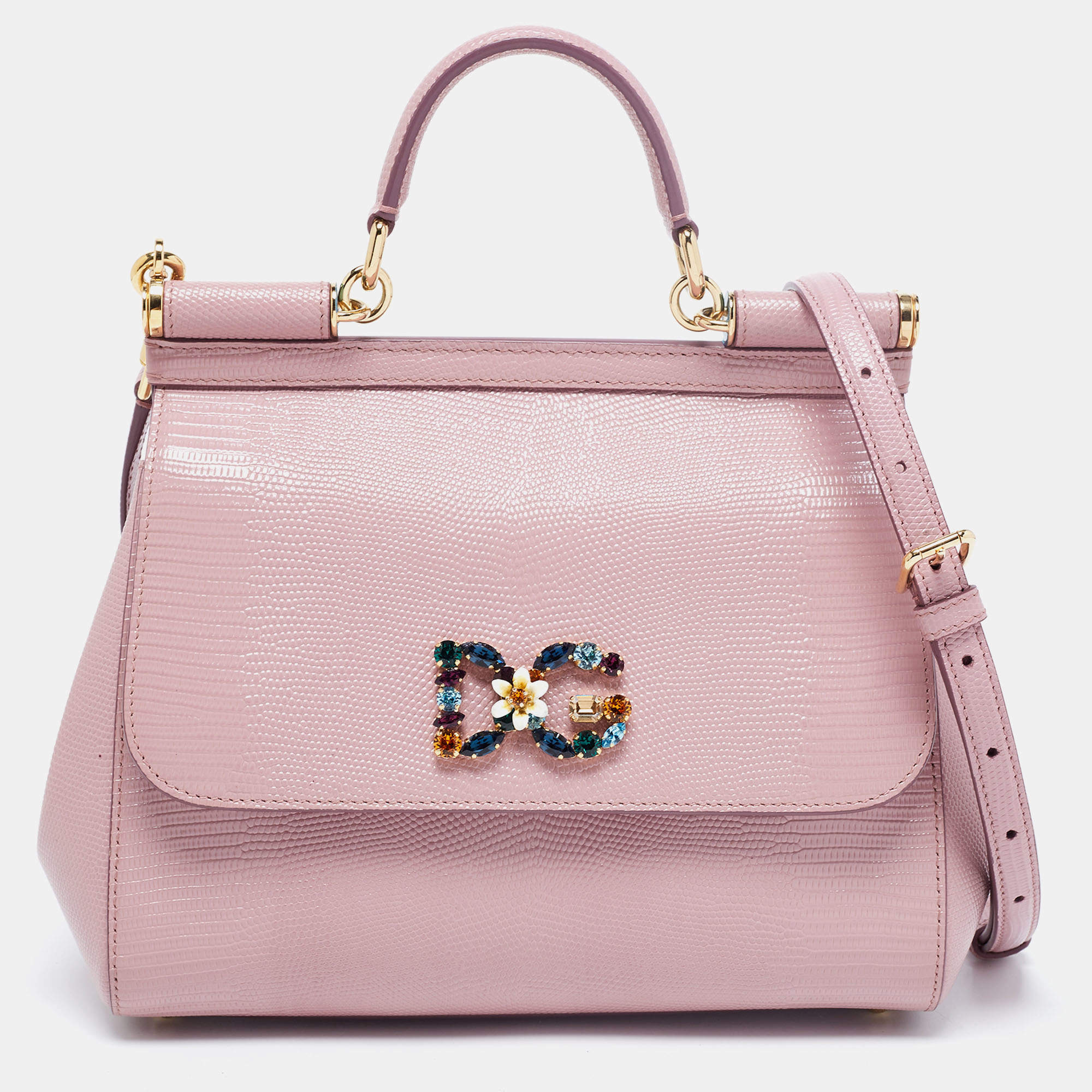 Dolce & Gabbana Pink Iguana Embossed Leather Crystal DG Logo