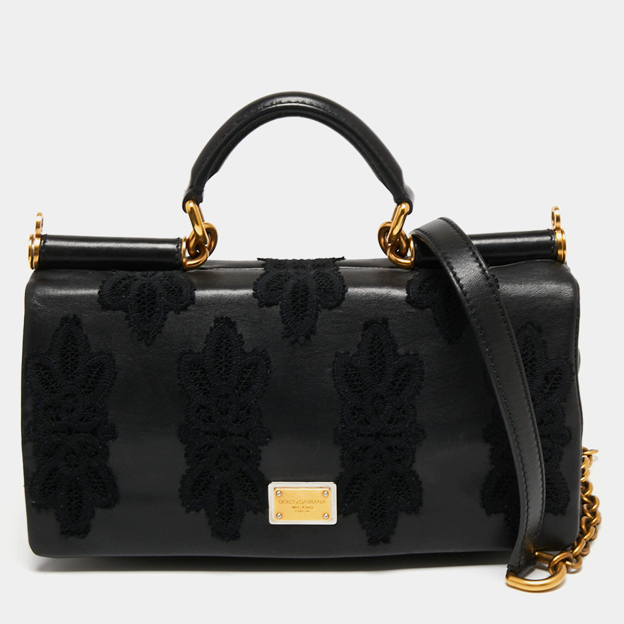 Pre Owned Dolce & Gabbana Black Leather and Crochet Patchwork Miss Sicily Top Handle Bag