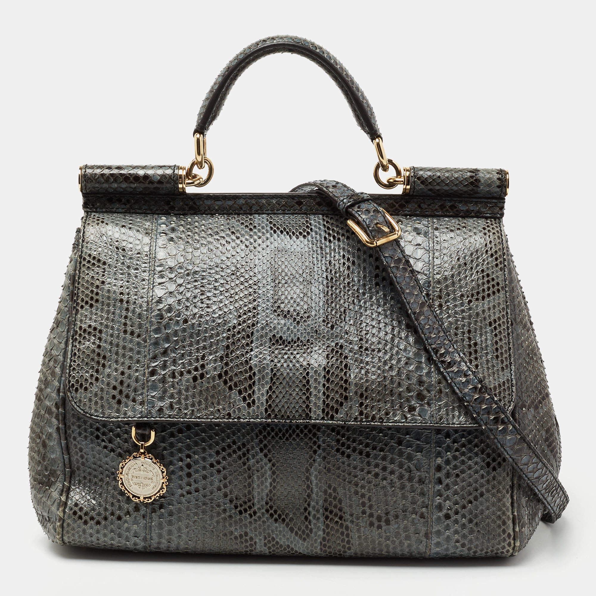 Pre Owned Dolce & Gabbana Grey Python Leather Large Miss Sicily Top Handle Bag