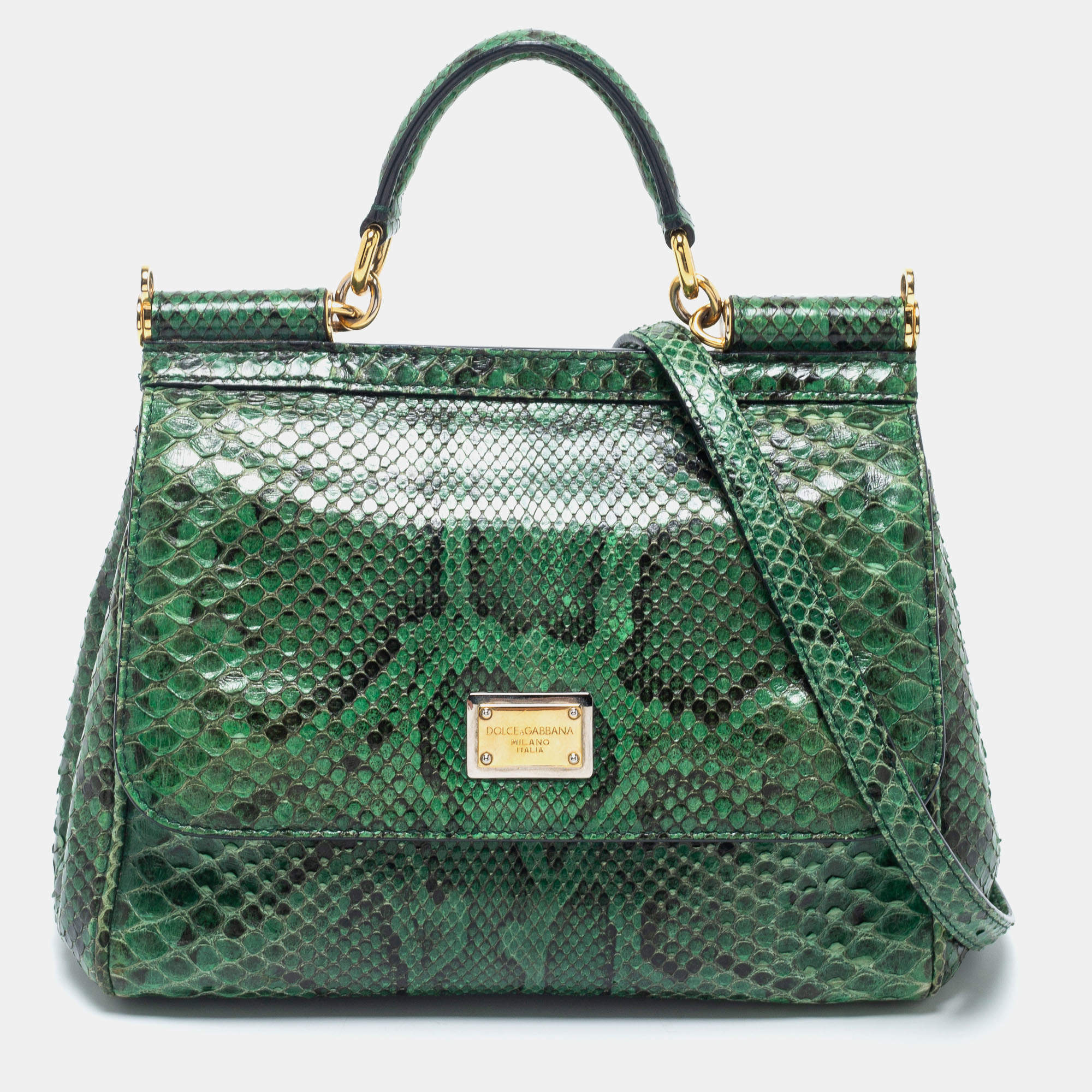 Pre Owned Dolce & Gabbana Green Python Leather Small Miss Sicily Top Handle Bag
