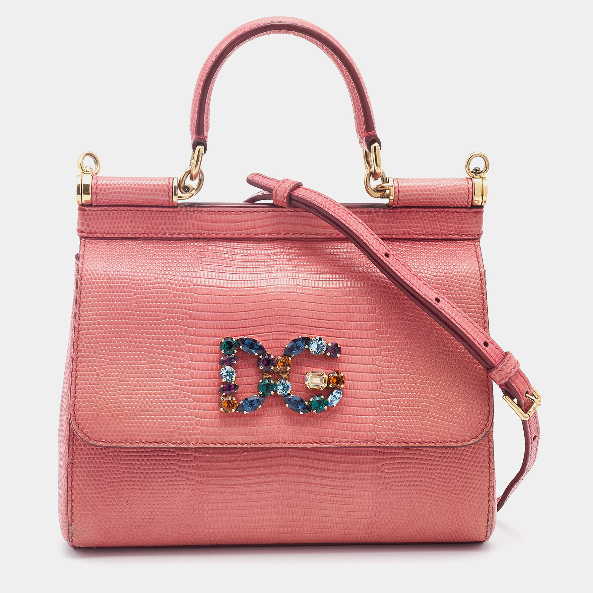 Pre Owned Dolce & Gabbana Peach Lizard Embossed Leather Miss Sicily Top Handle Bag
