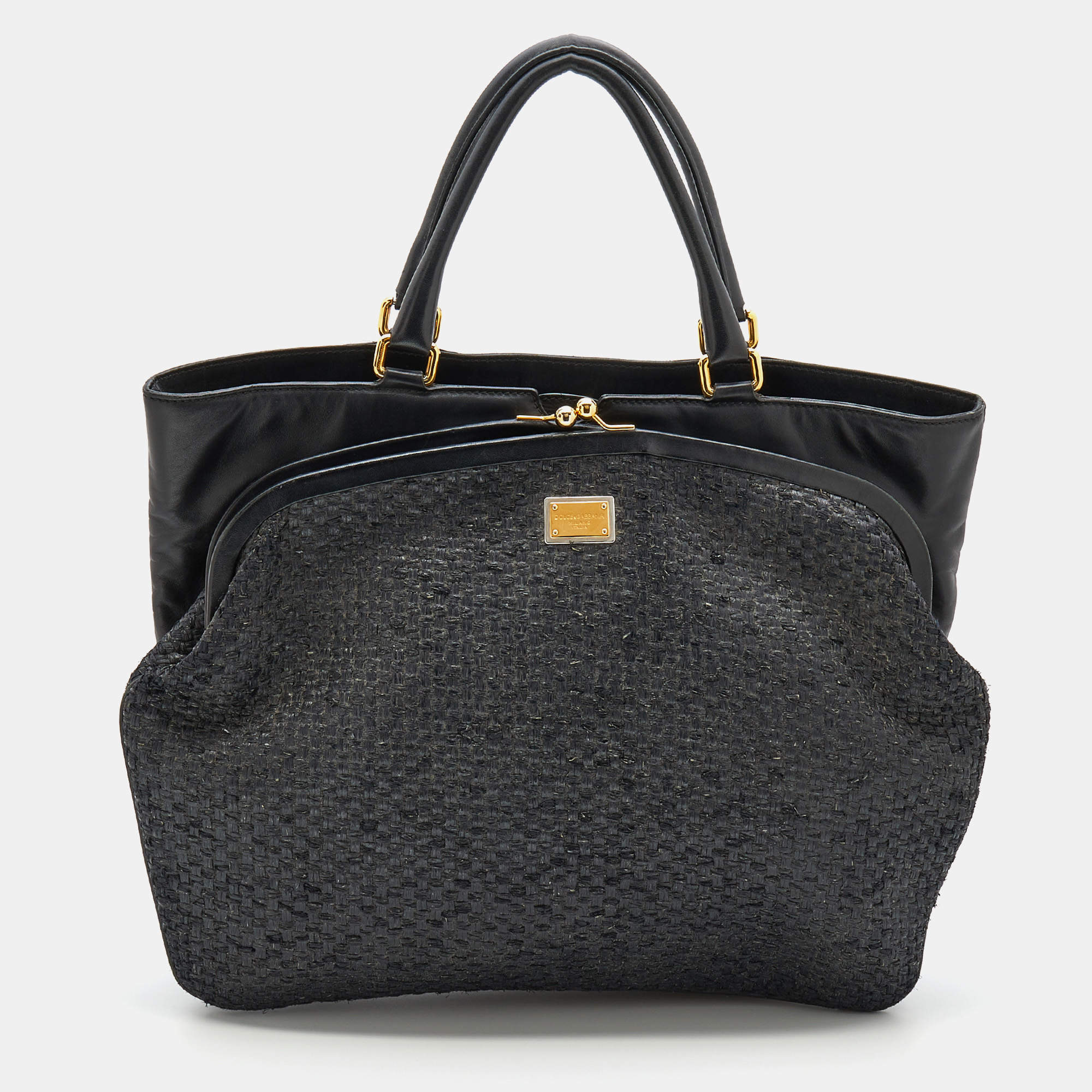Pre Owned Dolce & Gabbana Black  Woven Raffia and Leather Kiss Lock Tote