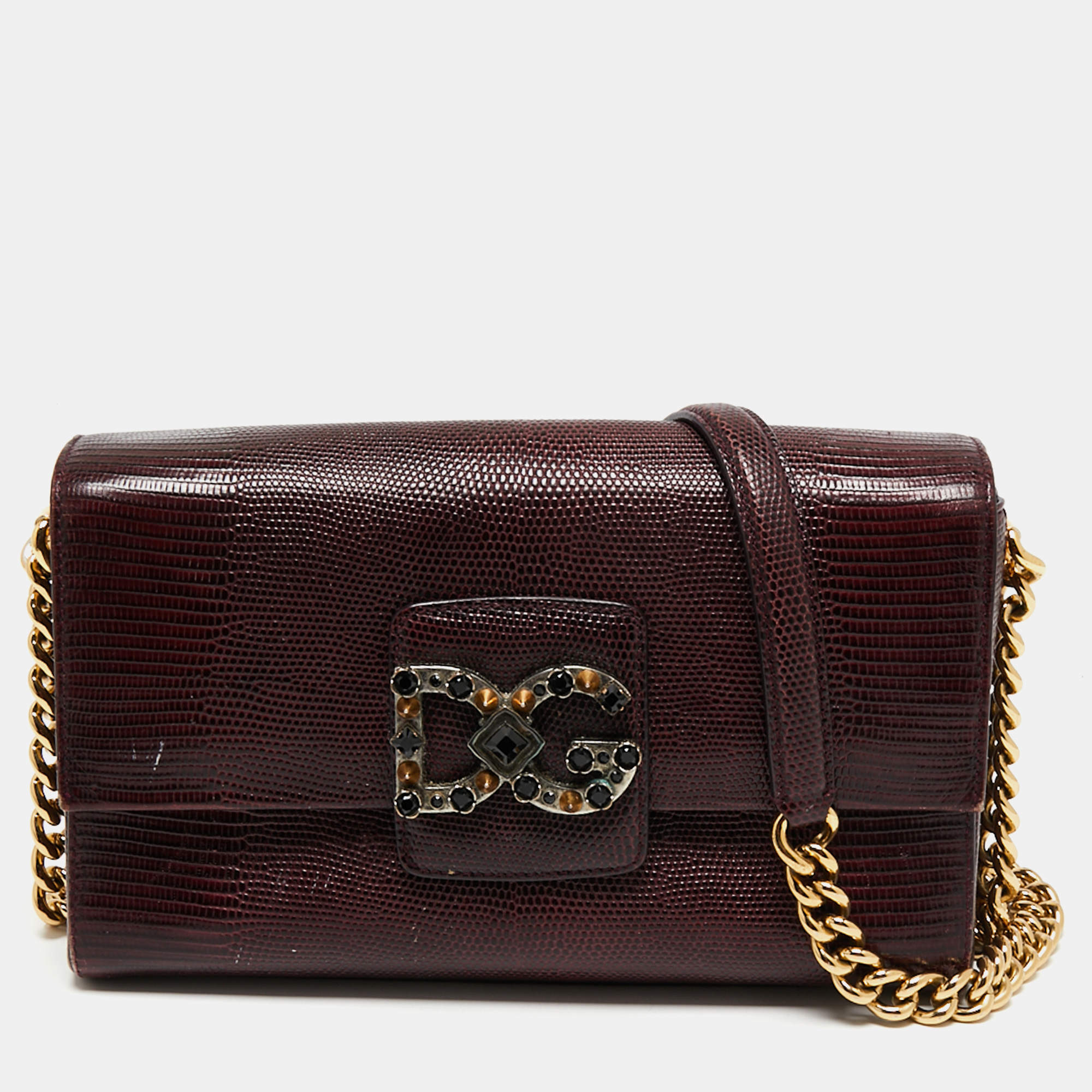 Pre Owned Dolce & Gabbana Burgundy Lizard Embossed Leather DG Millennials Shoulder Bag