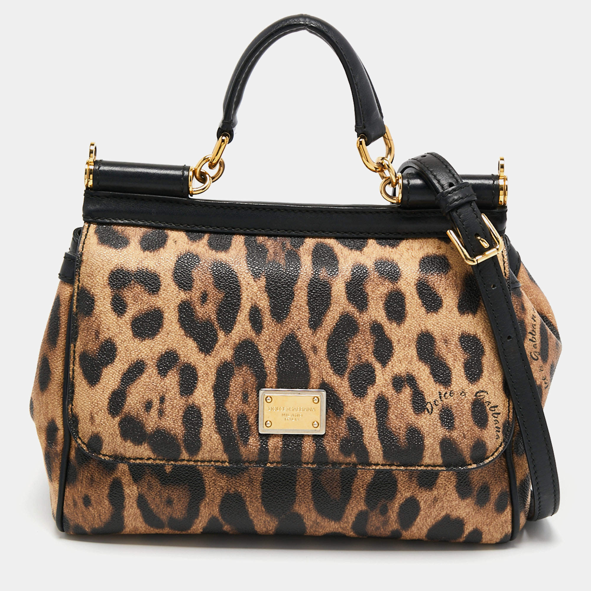 Pre Owned Dolce & Gabbana Black Leopard Print Coated Canvas and Leather Medium Miss Sicily Top Handle Bag