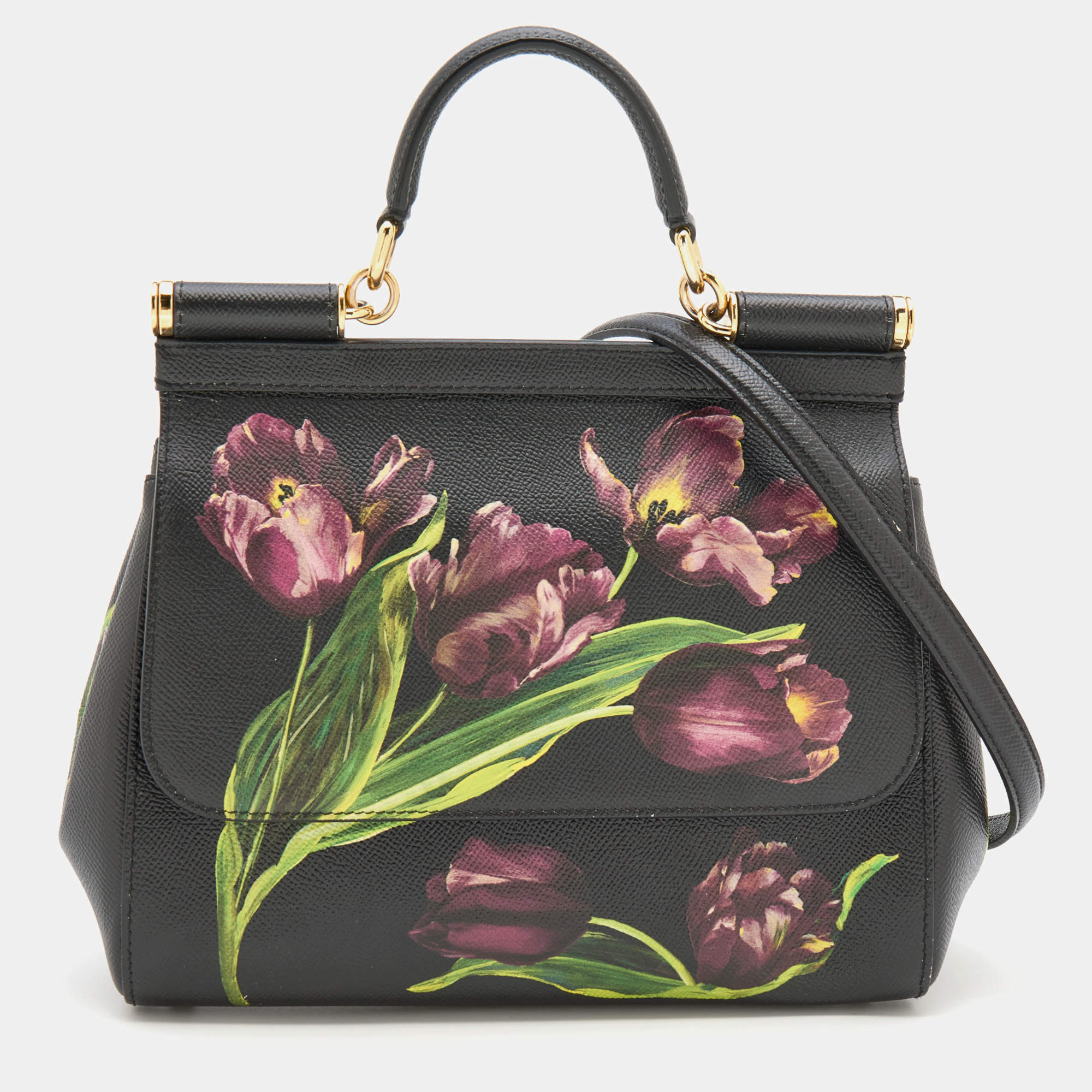 Pre Owned Dolce and Gabbana Black Multicolor Tulip Print Leather Medium Miss Sicily Top Handle Bag