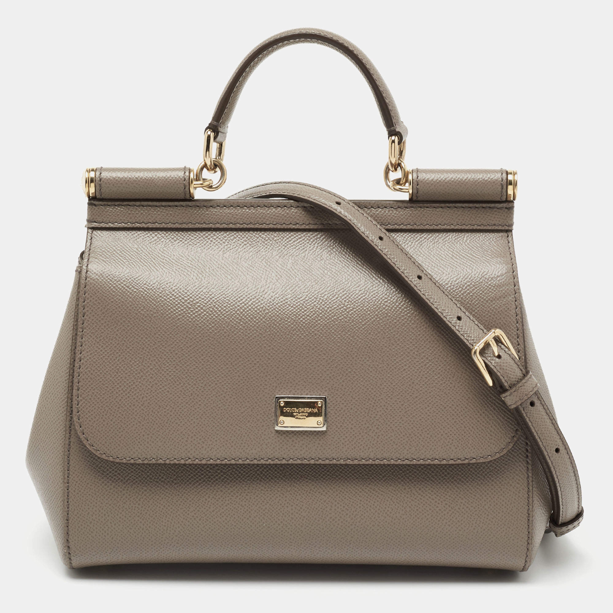 Pre Owned Dolce & Gabbana Beige Leather Medium Miss Sicily Top Handle Bag