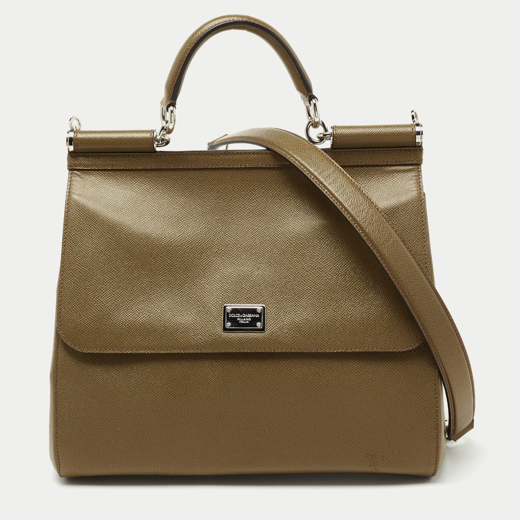 Pre Owned Dolce & Gabbana Green Leather Large Miss Sicily Top Handle Bag