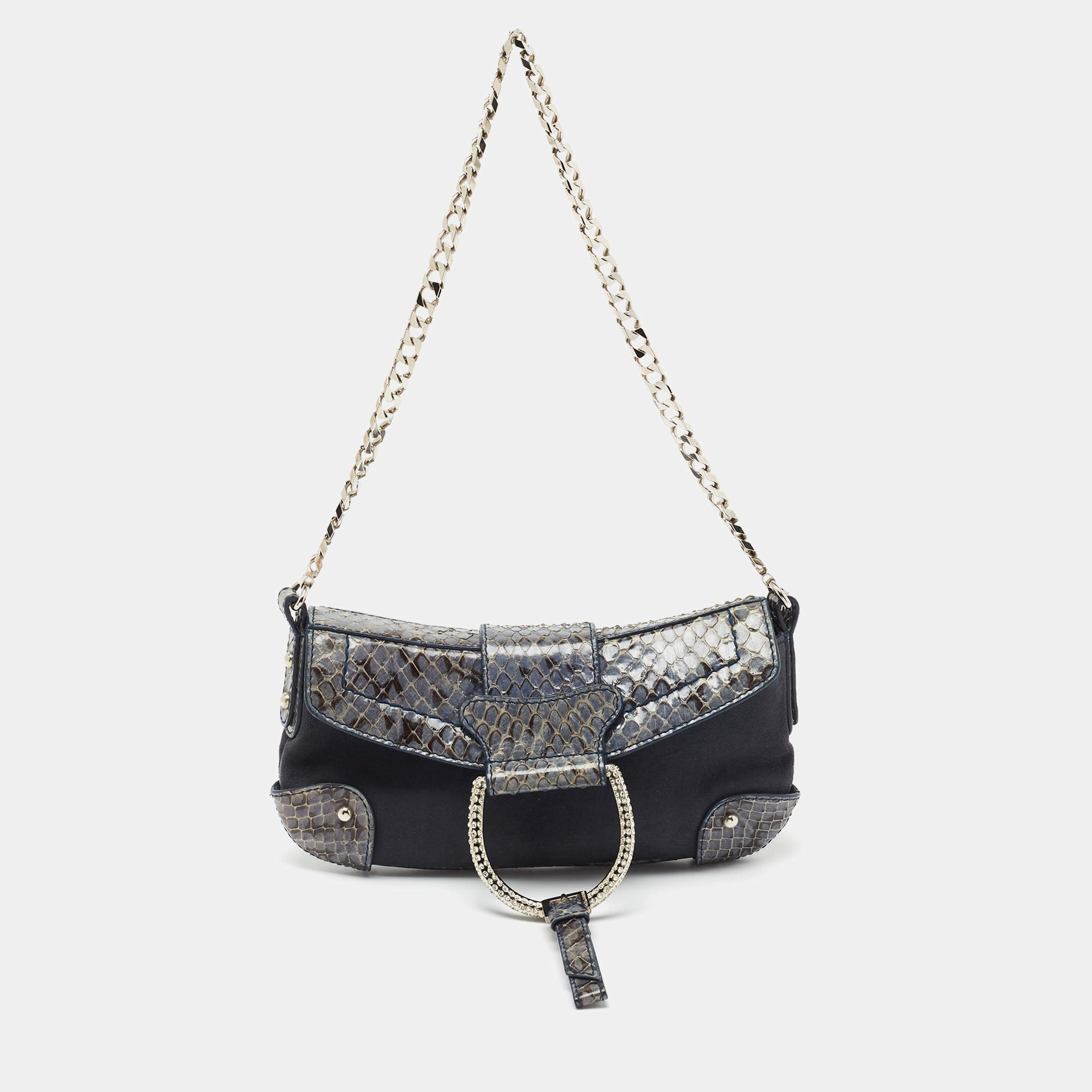 مملوكة مسبقًا حقيبة كلتش دولتشي اند غابانا جلد ثعبان وسويدي زرقاء