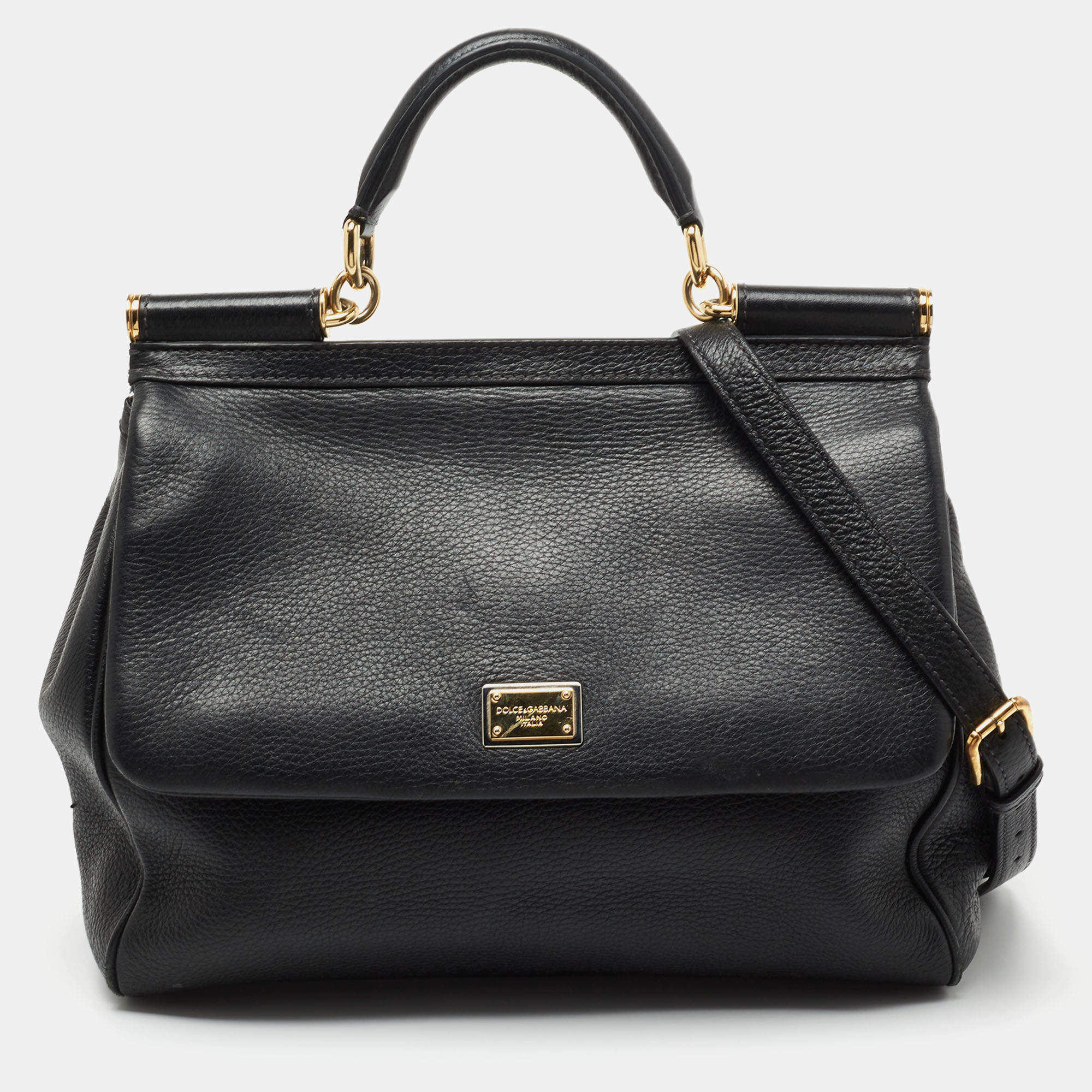 Pre Owned Dolce & Gabbana Black Leather Large Miss Sicily Top Handle Bag