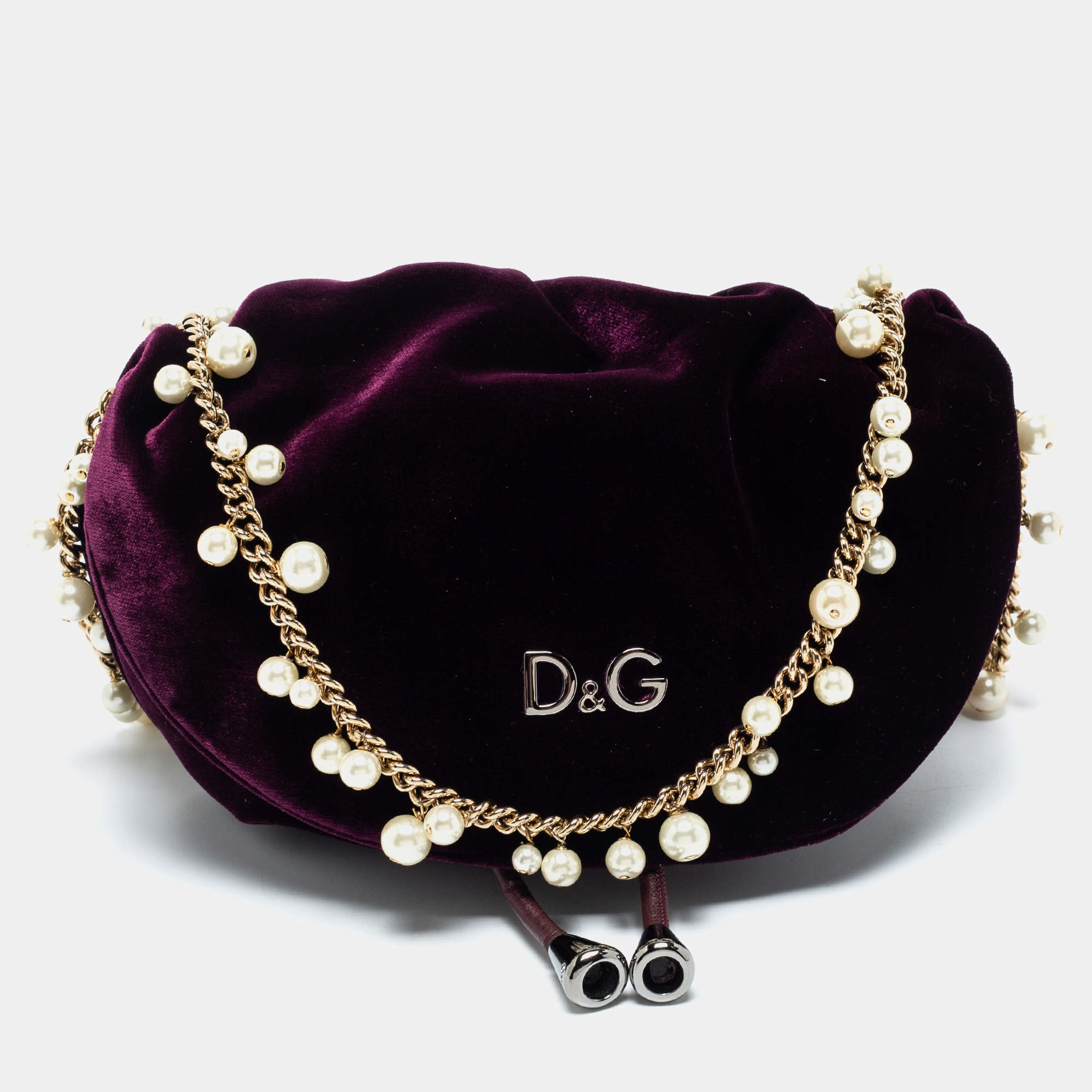 Pre Owned D&G Burgundy Velvet Drawstring Pearl Chain Shoulder Bag