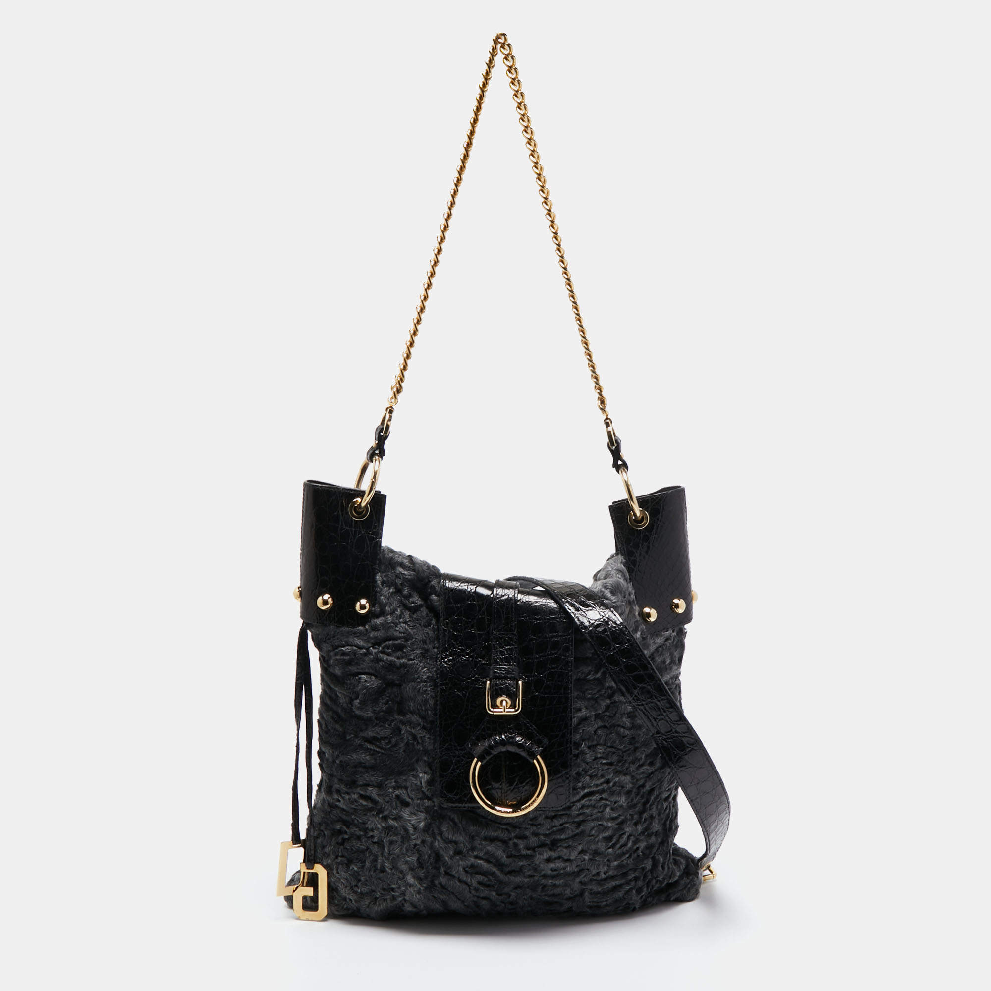 Pre Owned Dolce & Gabbana  Black/Grey Embossed Leather and Fur Tote