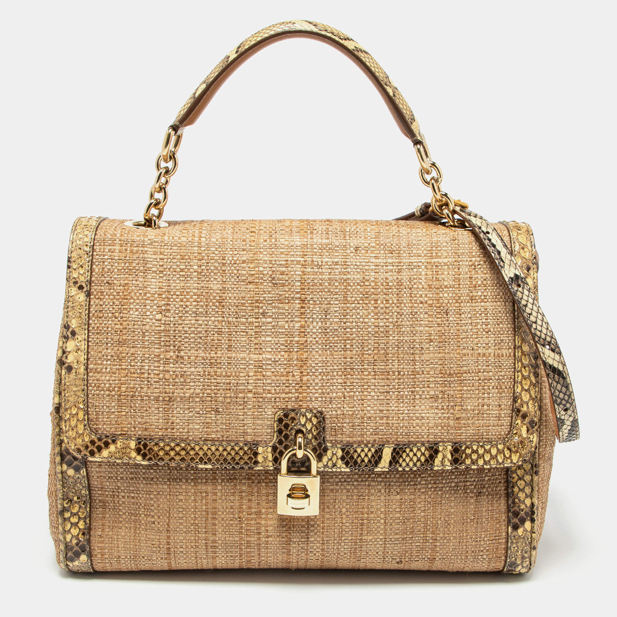 Dolce and Gabbana Beige Raffia and Python Small Miss Sicily Top Handle Bag  Dolce & Gabbana