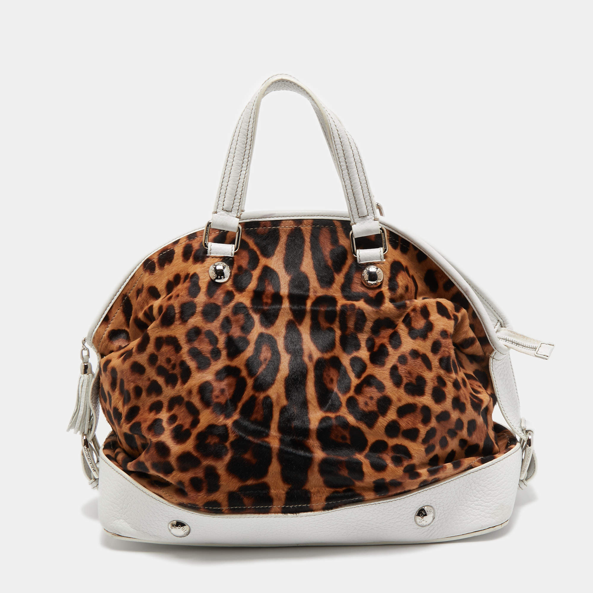 Pre Owned Dolce & Gabbana White/Brown Leopard Print Calfhair and Leather Tassel Bowler Bag