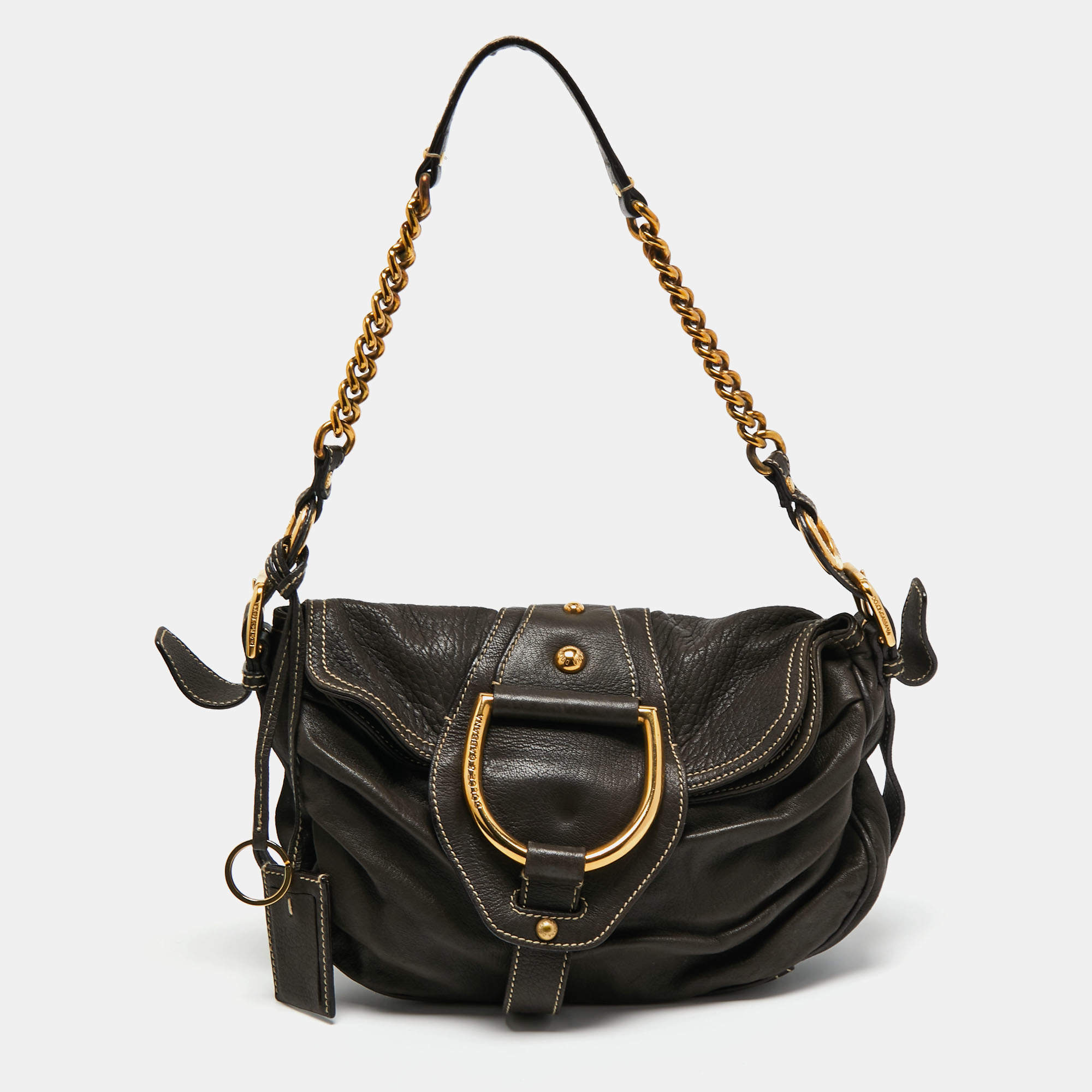 Pre Owned Dolce & Gabbana Dark Grey Leather D Ring Flap Hobo