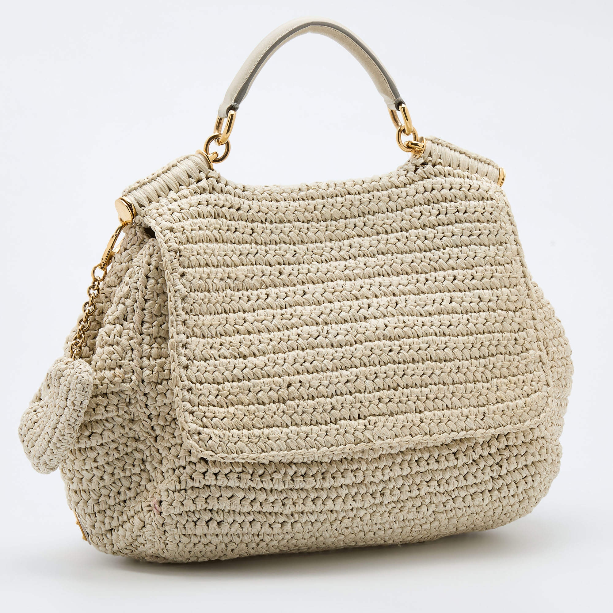 Pre Owned Dolce & Gabbana White Woven Straw and Leather Miss Sicily Top Handle Bag