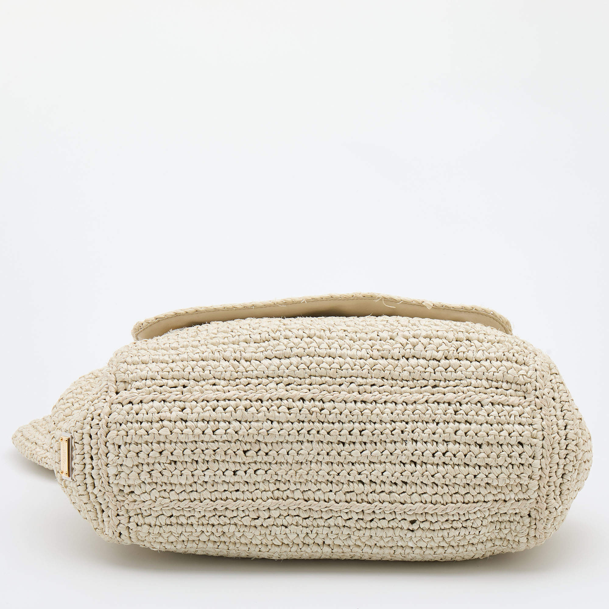 Pre Owned Dolce & Gabbana White Woven Straw and Leather Miss Sicily Top Handle Bag