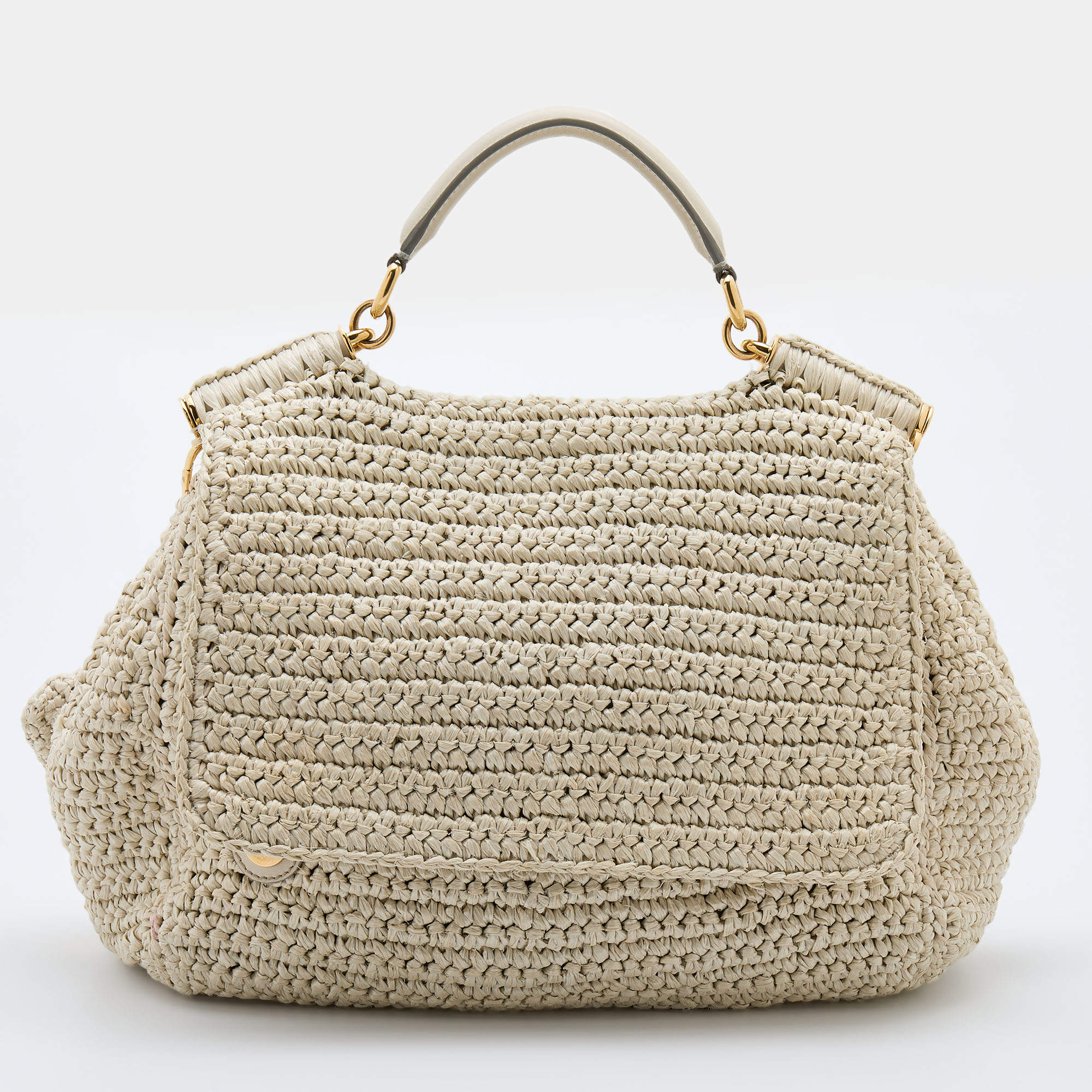 Pre Owned Dolce & Gabbana White Woven Straw and Leather Miss Sicily Top Handle Bag