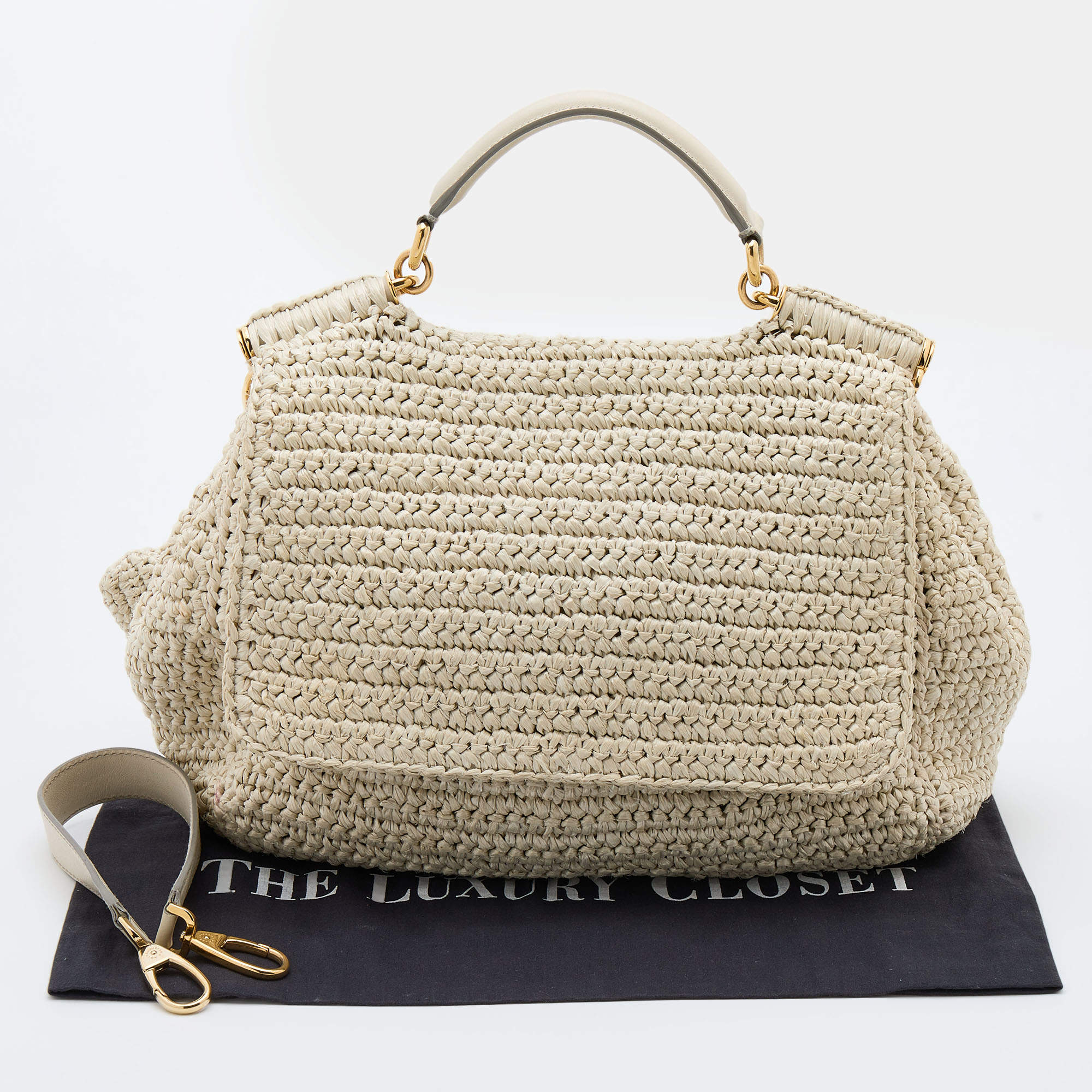 Pre Owned Dolce & Gabbana White Woven Straw and Leather Miss Sicily Top Handle Bag