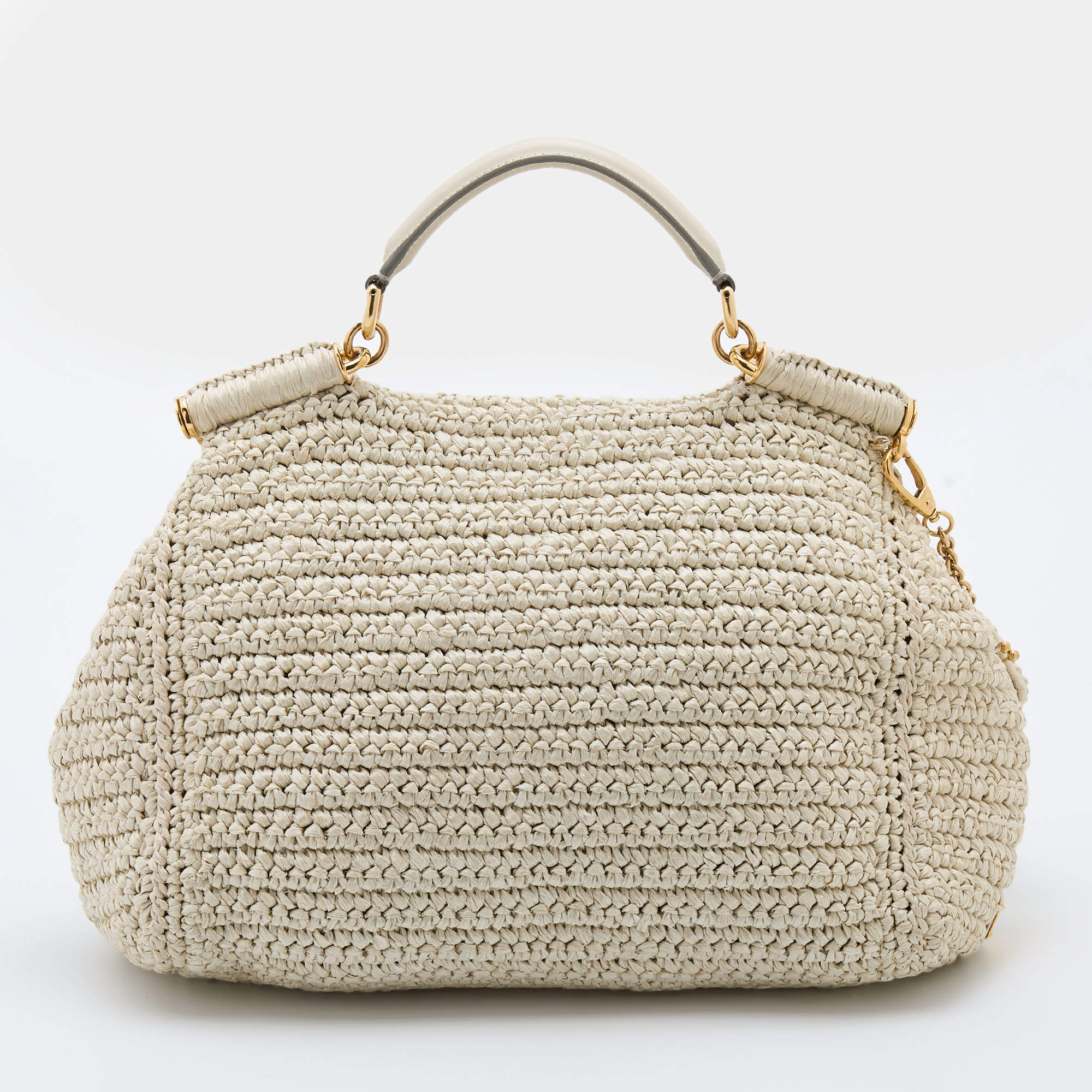 Pre Owned Dolce & Gabbana White Woven Straw and Leather Miss Sicily Top Handle Bag