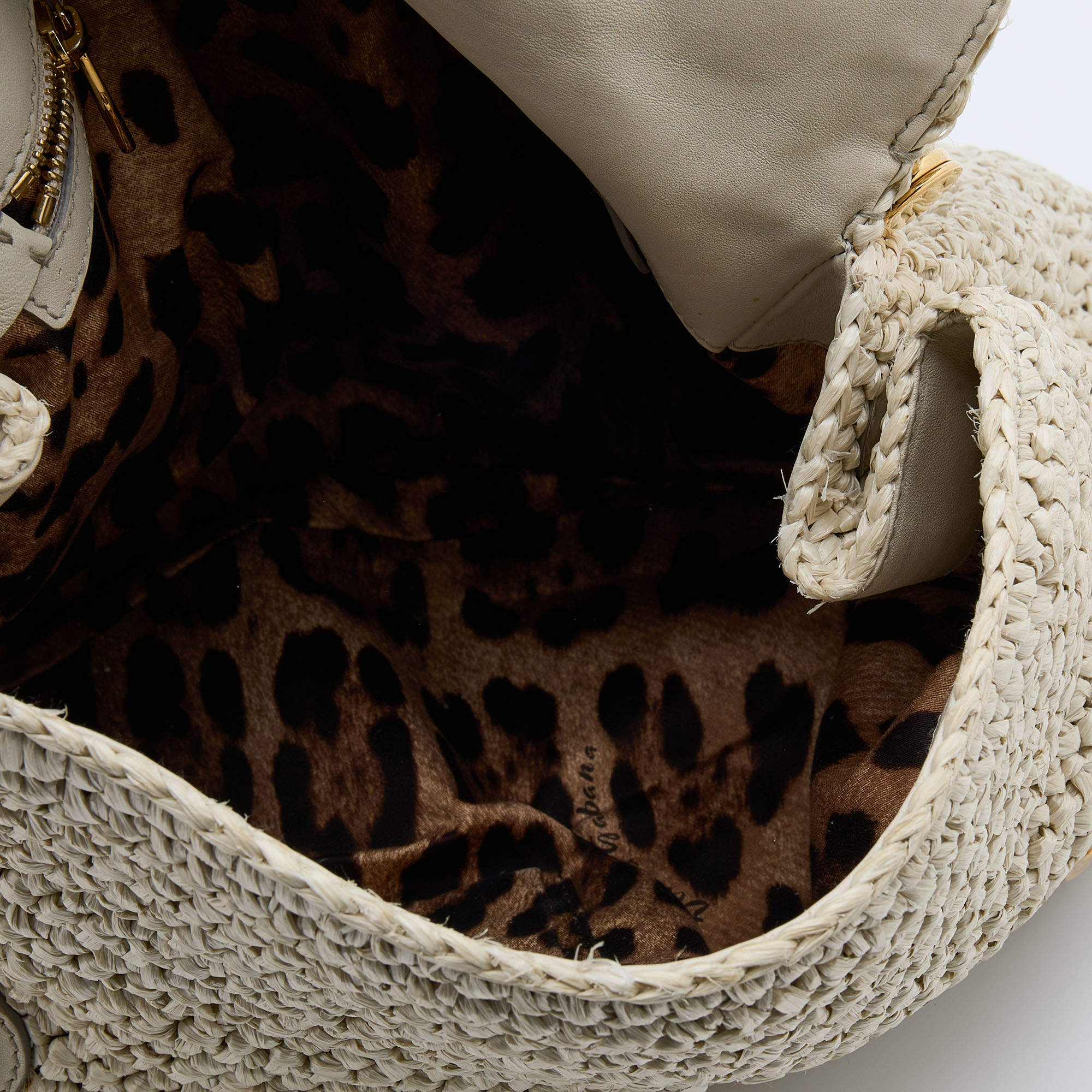 Pre Owned Dolce & Gabbana White Woven Straw and Leather Miss Sicily Top Handle Bag